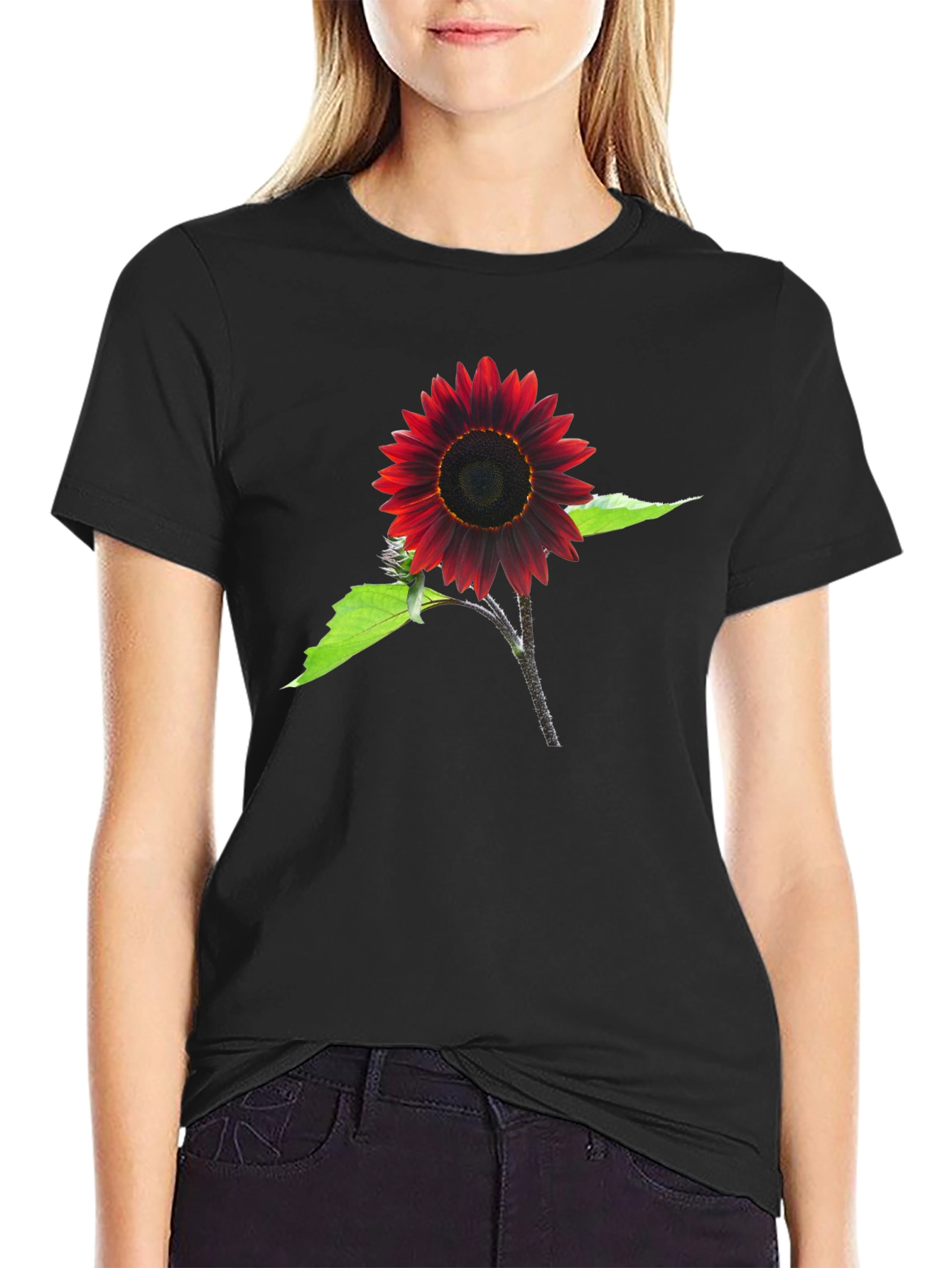 Red Sunflower Graphic Tee - Black Cotton Blend