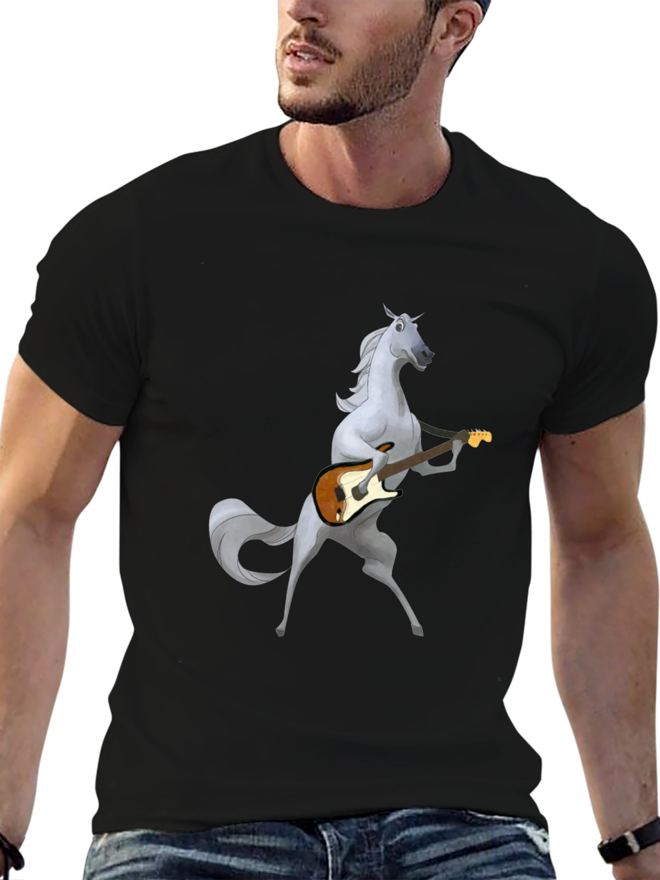 Horse Guitar Player Graphic Black T-Shirt