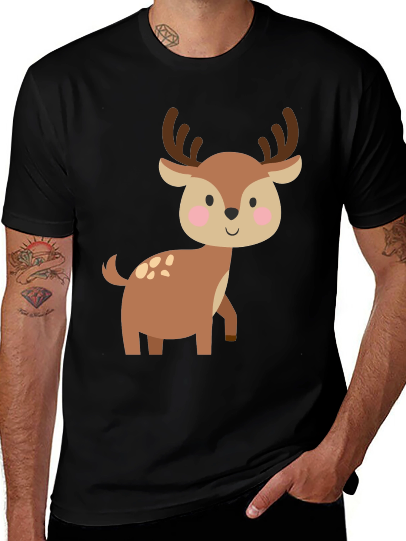 Cute Deer Graphic Tee - Black Cotton Blend