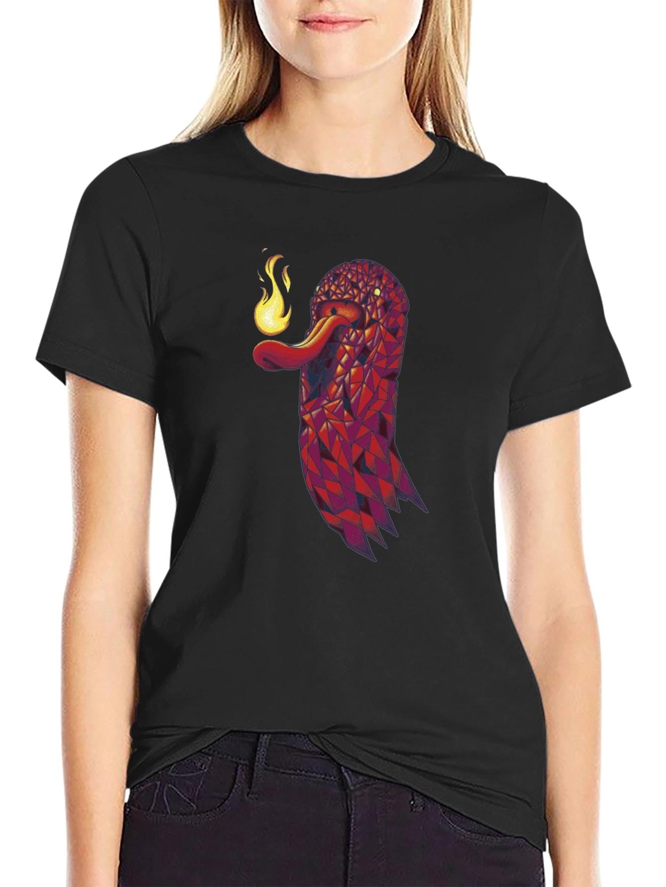 Geometric Snake Fire Breath Graphic Tee - Black