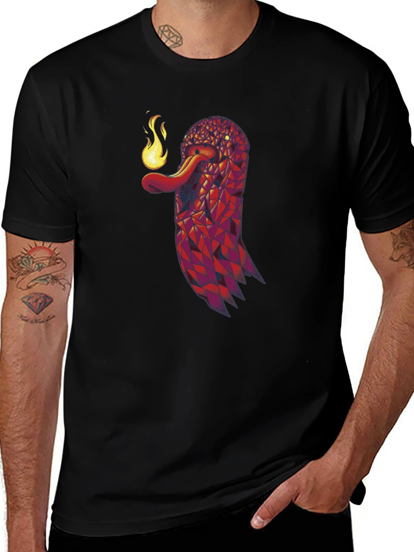 Geometric Snake Fire Breath Graphic Tee - Black