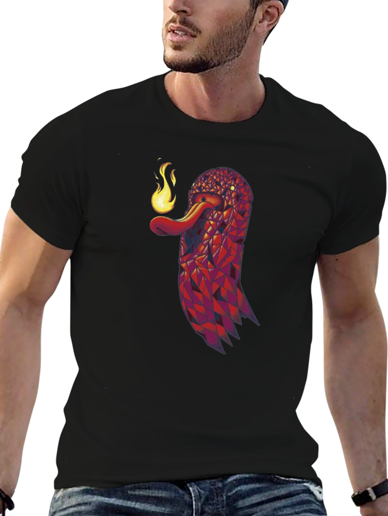 Geometric Snake Fire Breath Graphic Tee - Black