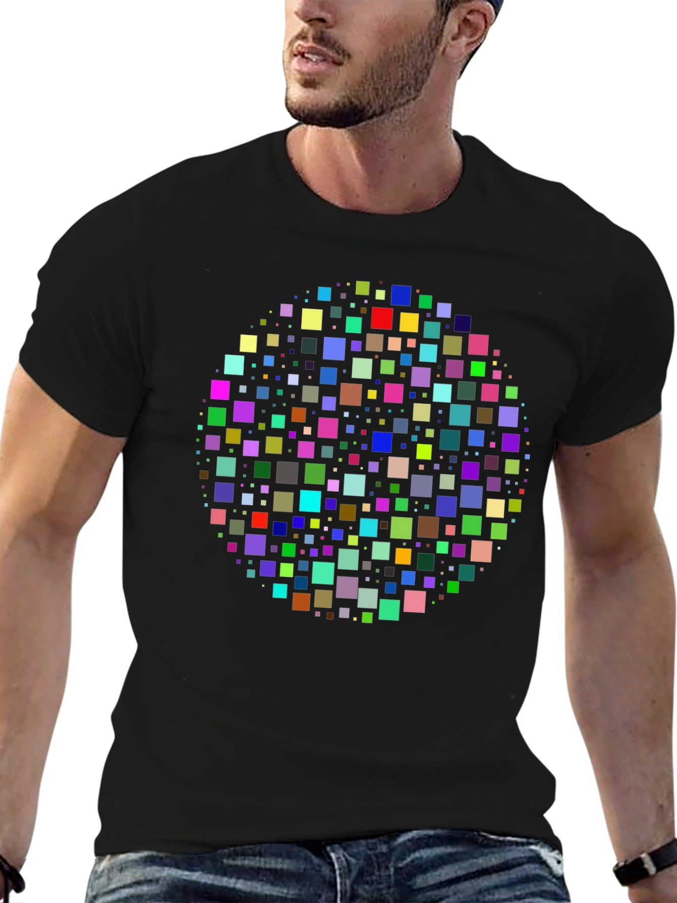 Geometric Square Pixel Pattern Black T-Shirt
