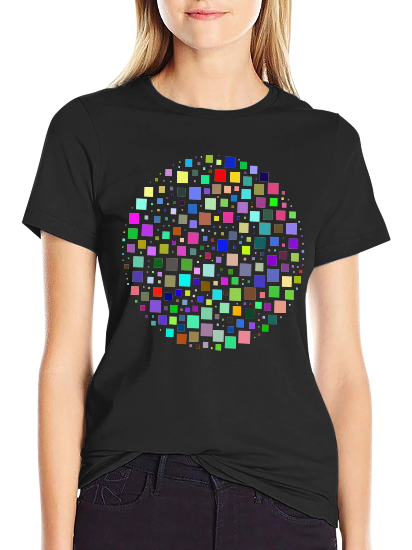 Geometric Square Pixel Pattern Black T-Shirt