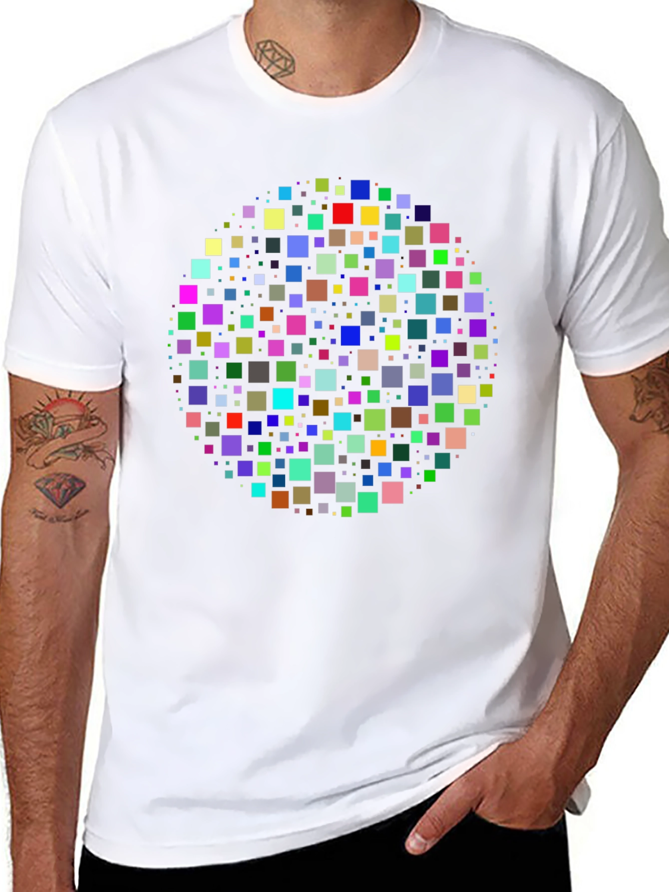 Geometric Square Pixel Pattern Black T-Shirt