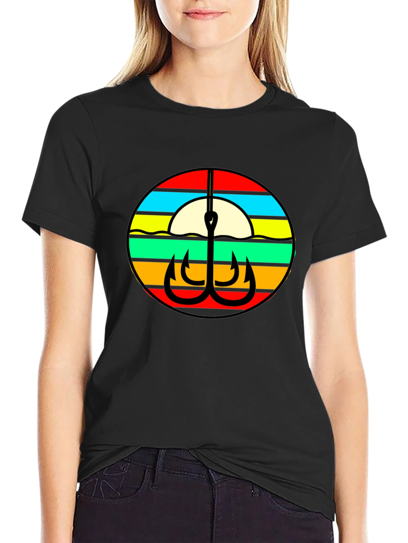 Retro Fishing Hook Graphic Tee - Black