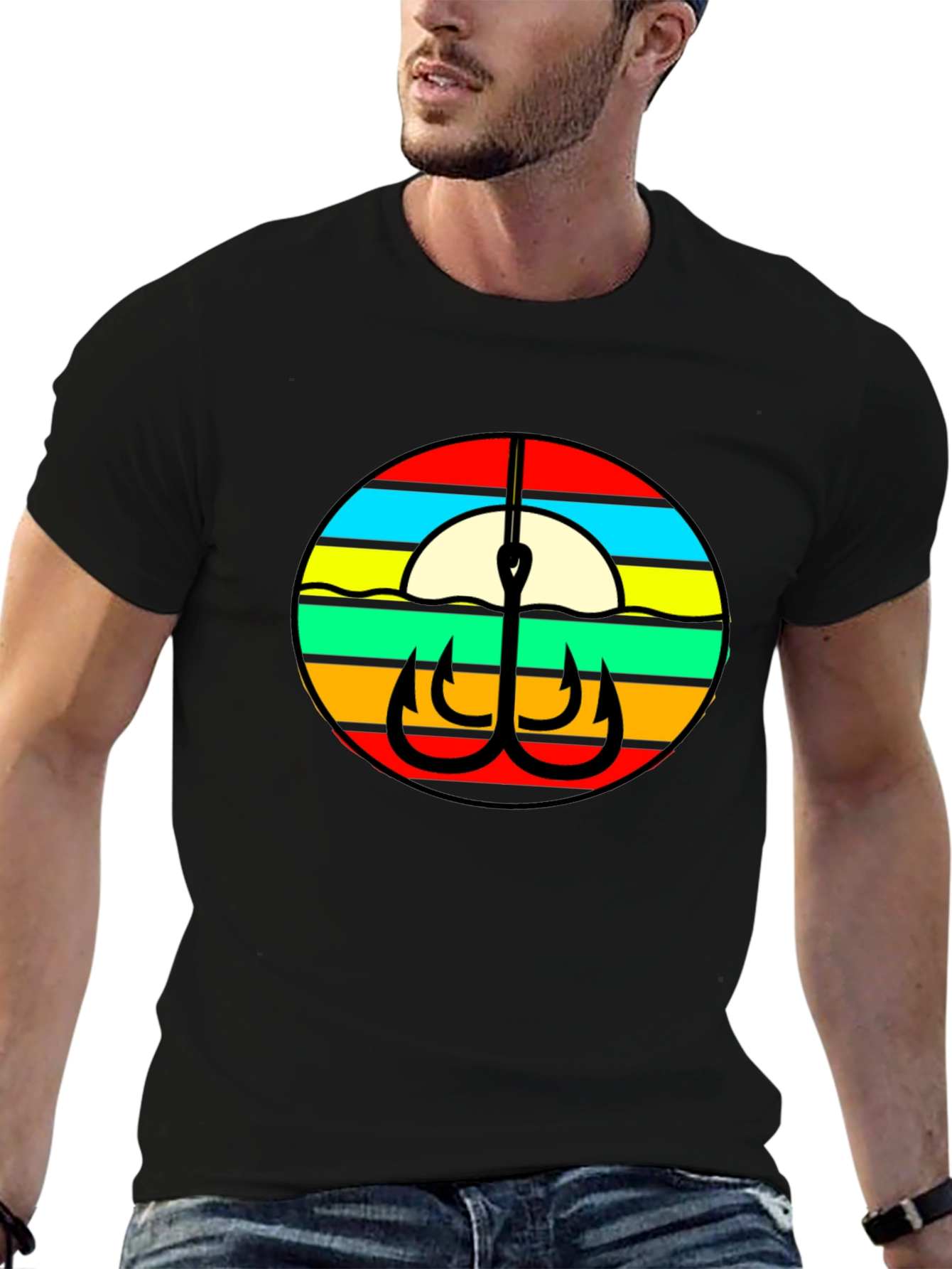 Retro Fishing Hook Graphic Tee - Black