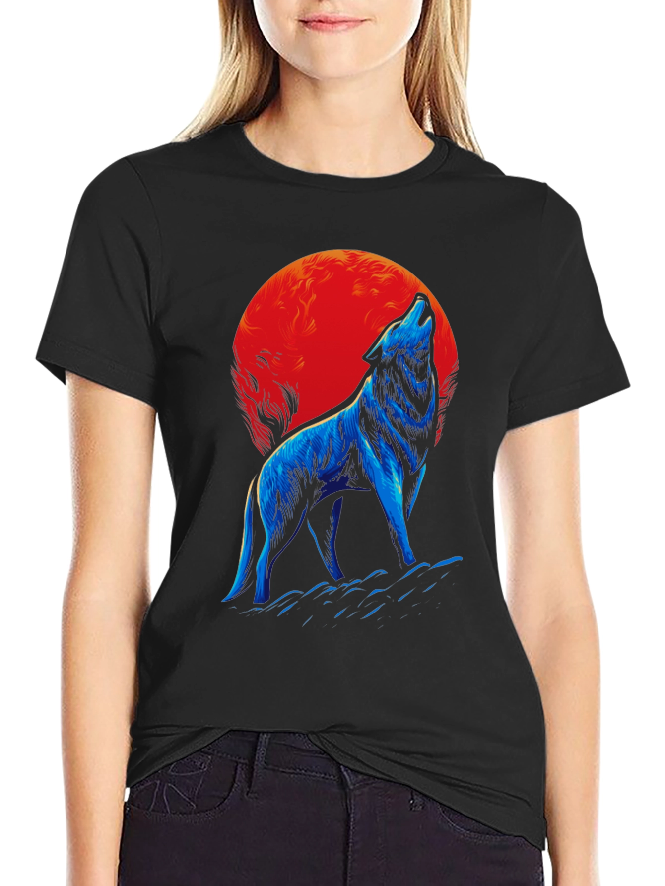 Wolf Howling at Moon Graphic Tee - Black