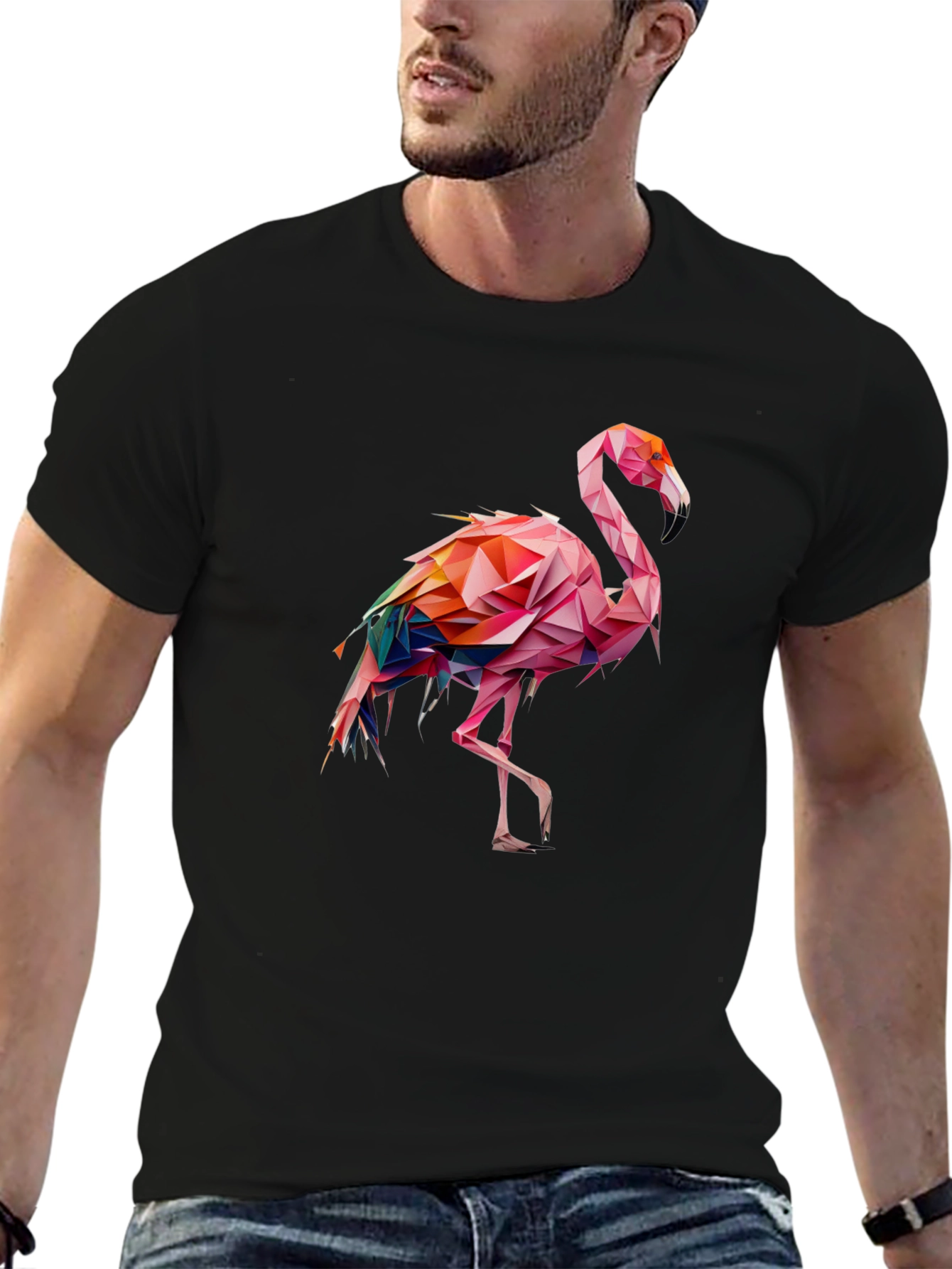 Geometric Flamingo Graphic Tee - Black Cotton Blend