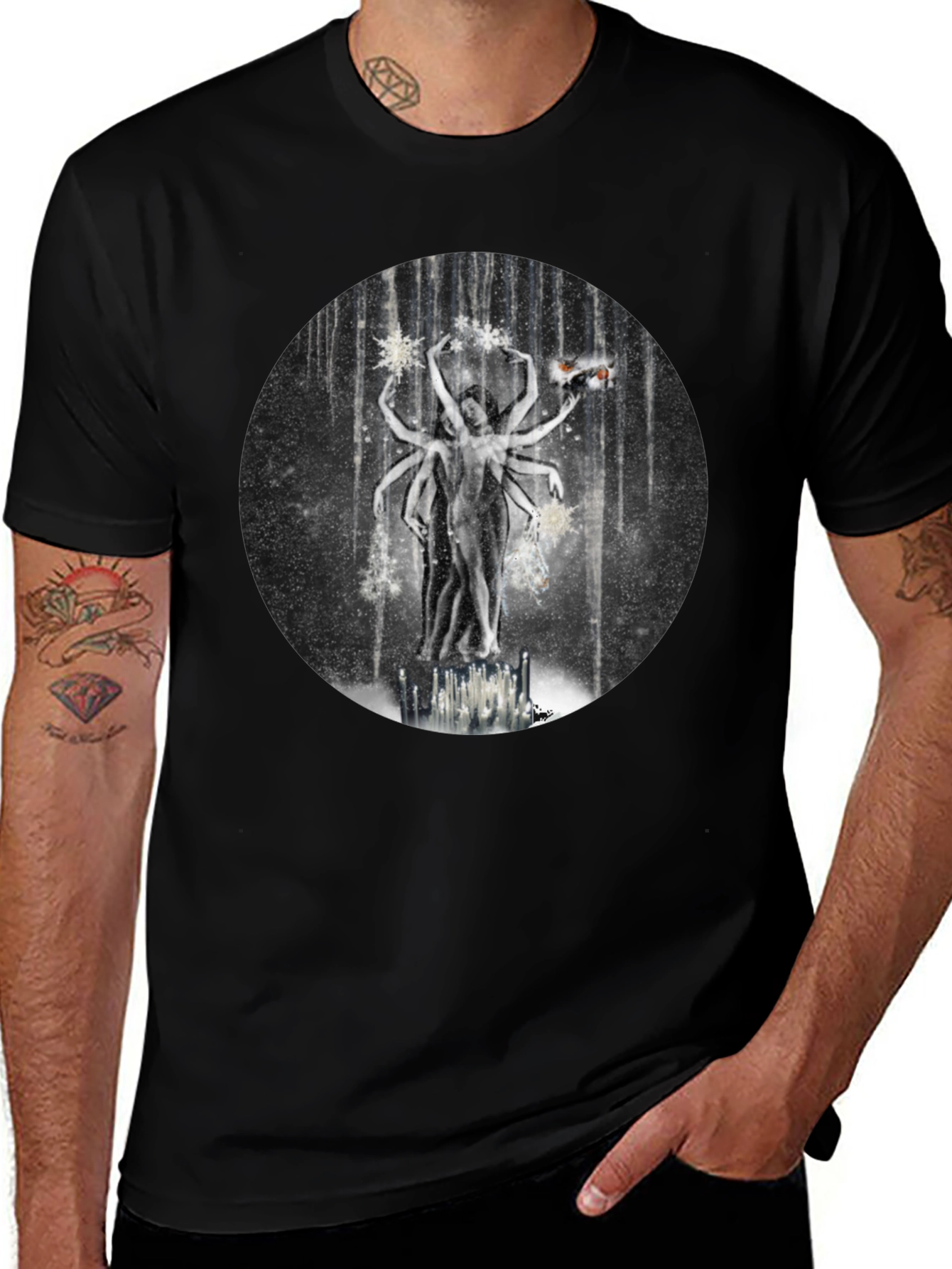 Surreal Multi-Armed Figure Black T-Shirt
