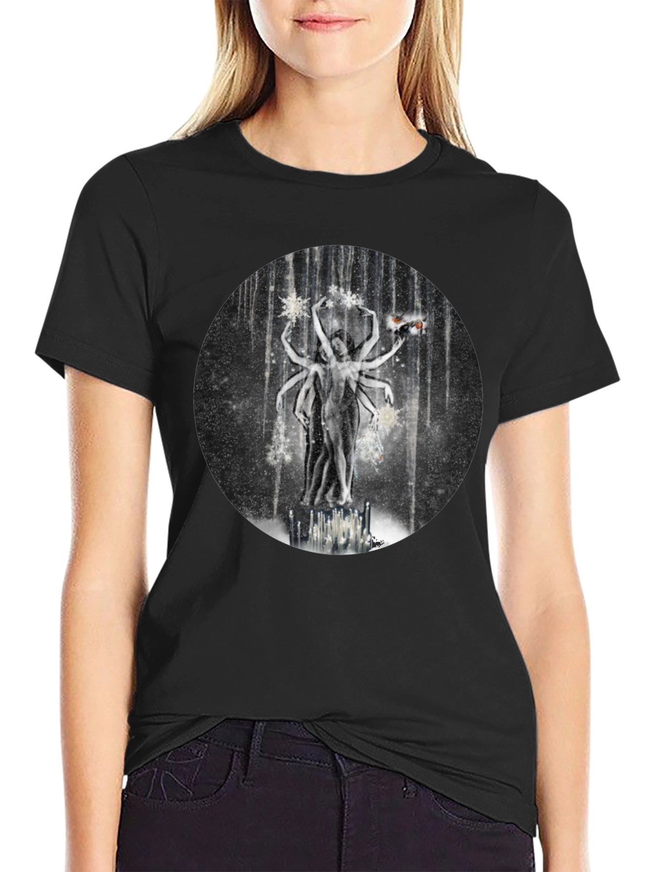 Surreal Multi-Armed Figure Black T-Shirt