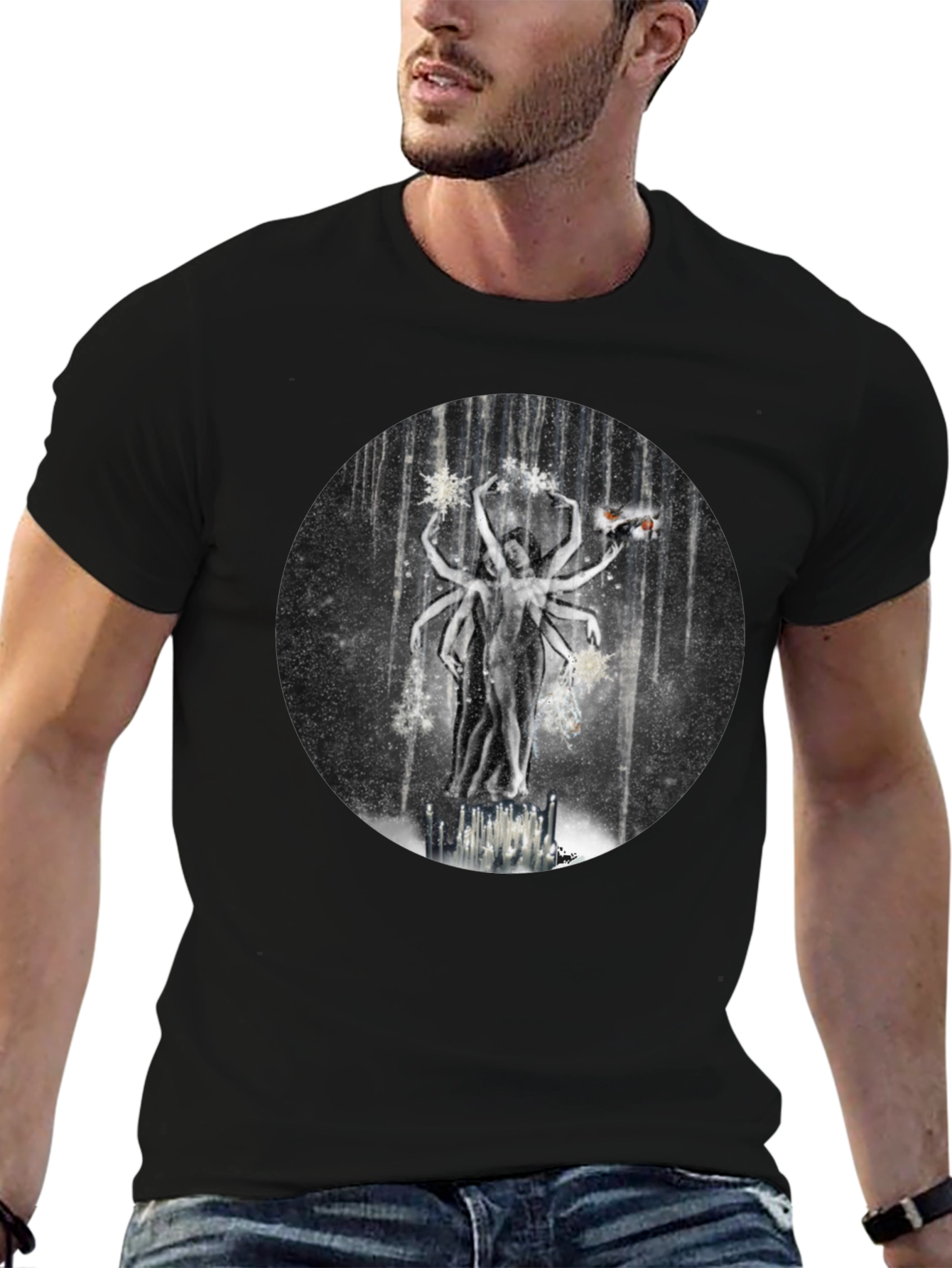 Surreal Multi-Armed Figure Black T-Shirt