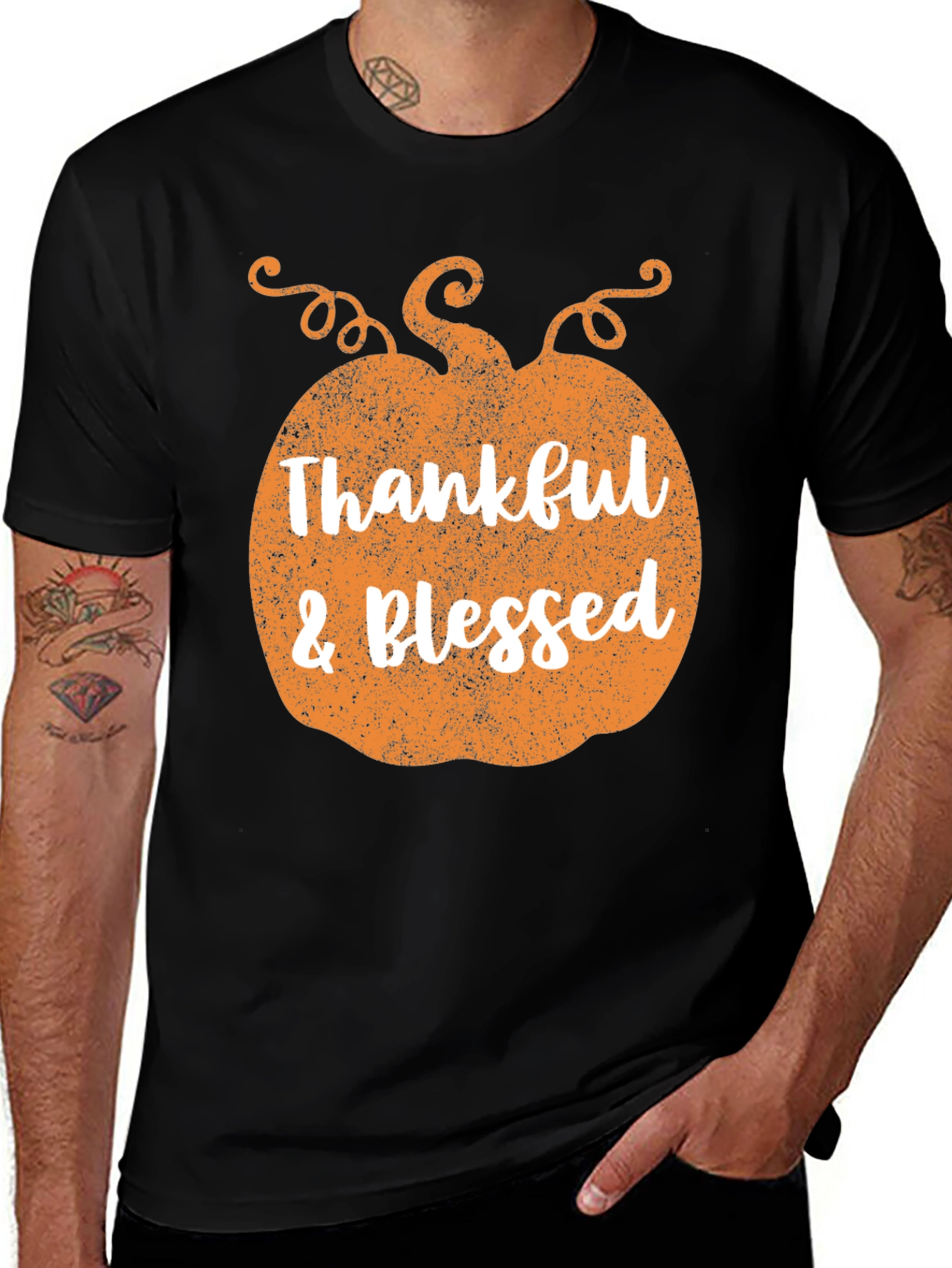 Thankful & Blessed Pumpkin Graphic Tee - Black