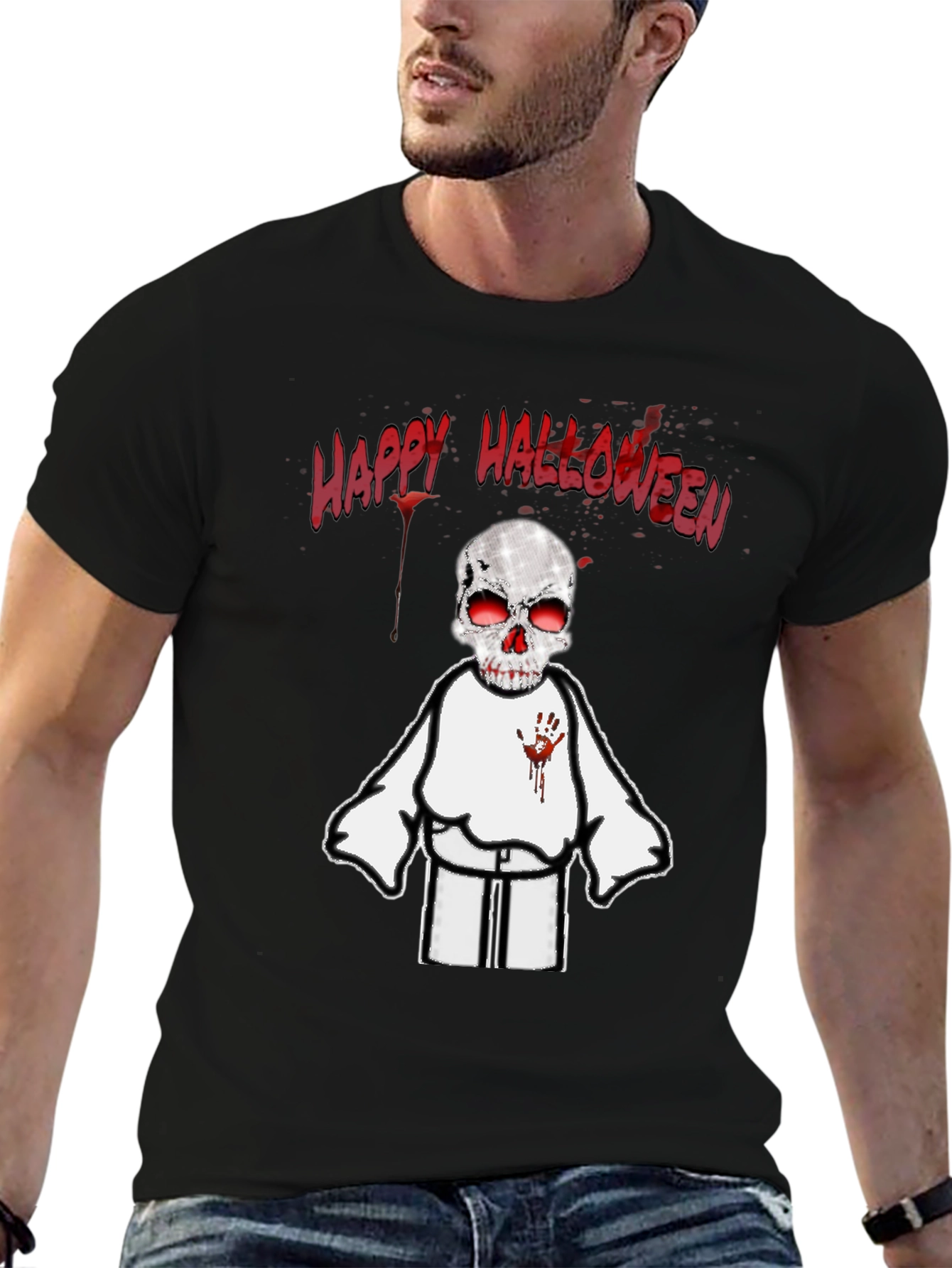 Spooky Halloween T-Shirt - Skeleton with Bloody Handprint