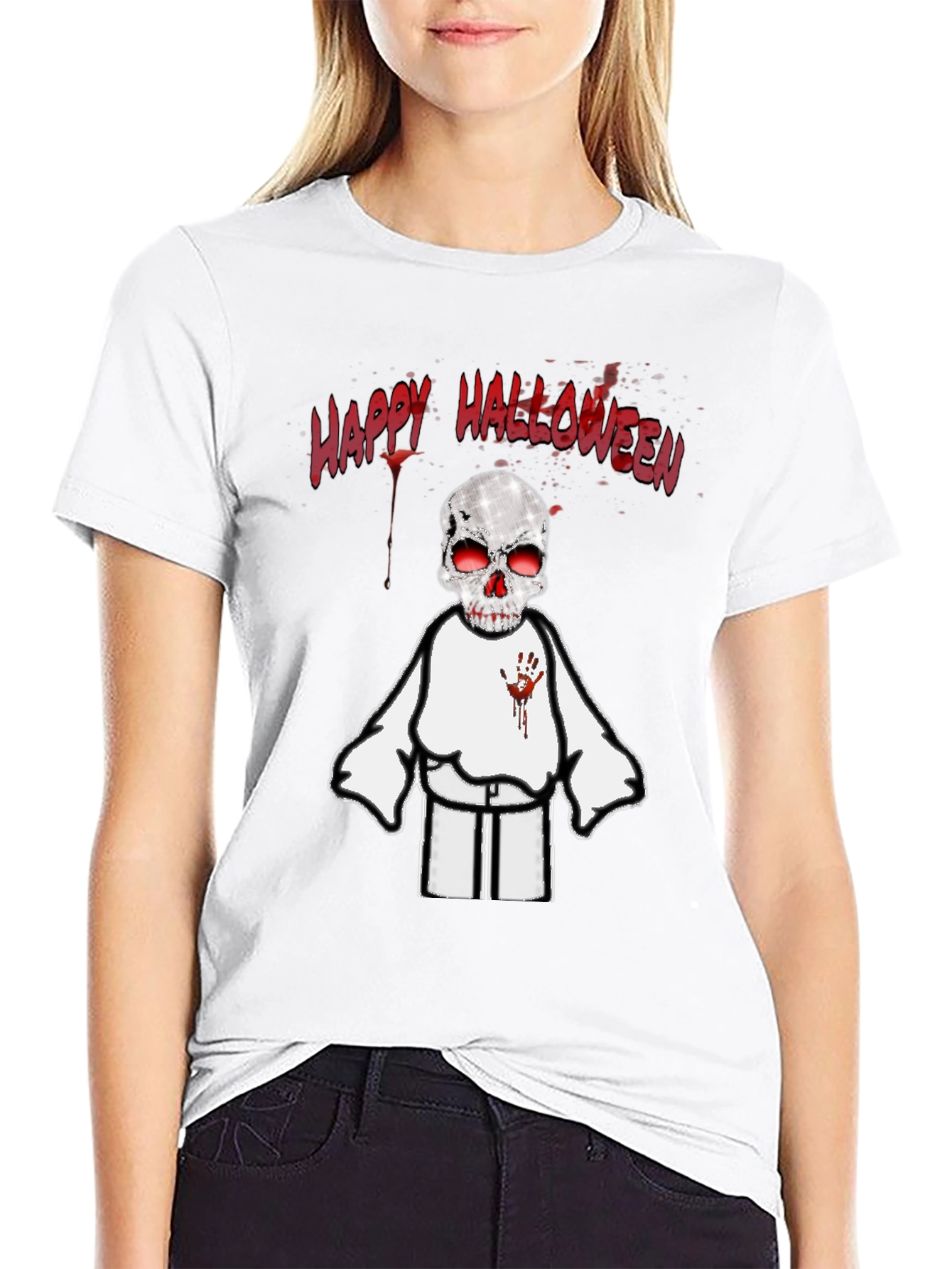 Spooky Halloween T-Shirt - Skeleton with Bloody Handprint
