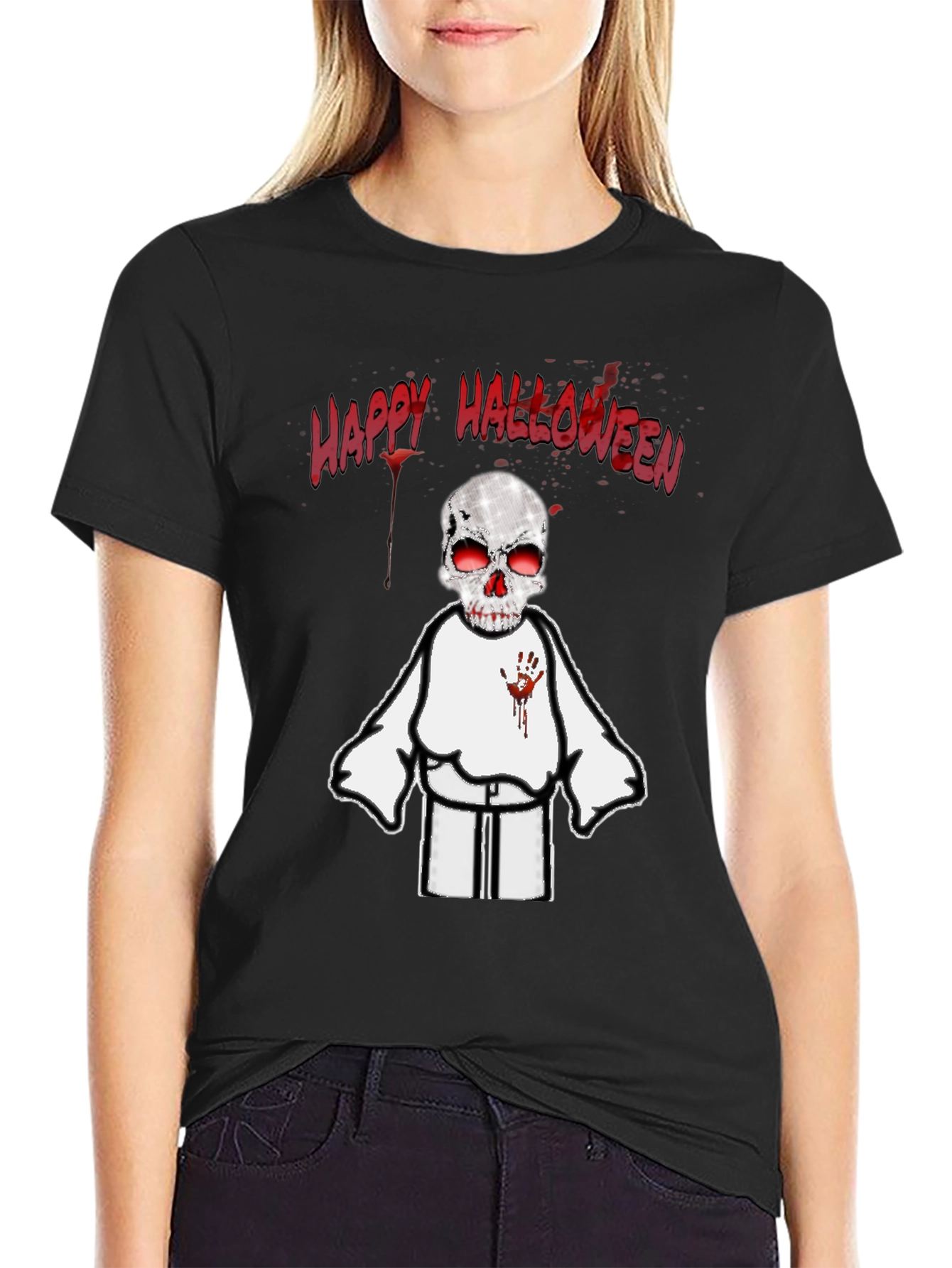 Spooky Halloween T-Shirt - Skeleton with Bloody Handprint