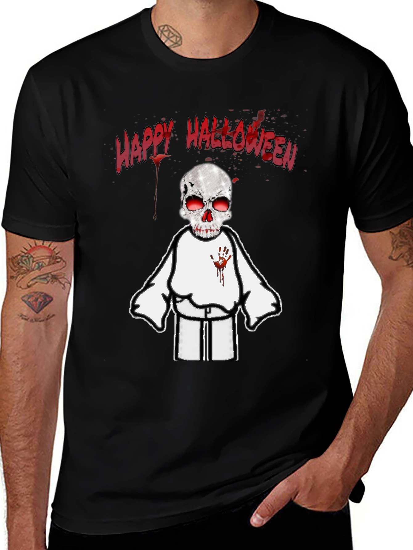 Spooky Halloween T-Shirt - Skeleton with Bloody Handprint