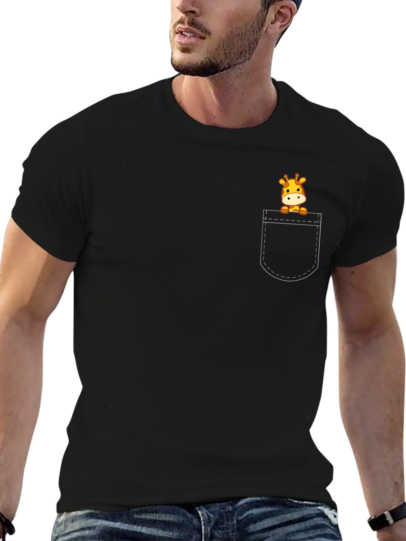 Giraffe Pocket Tee - Cute Cartoon Animal Shirt