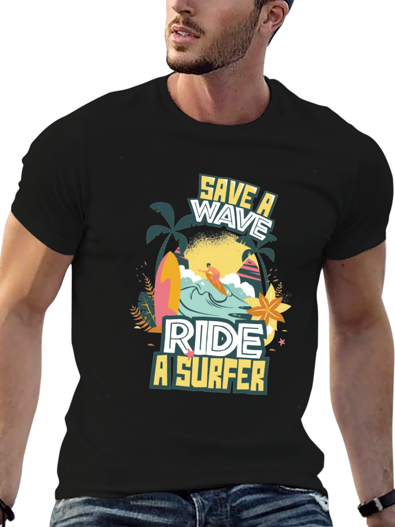 Save a Wave Ride a Surfer Black T-Shirt