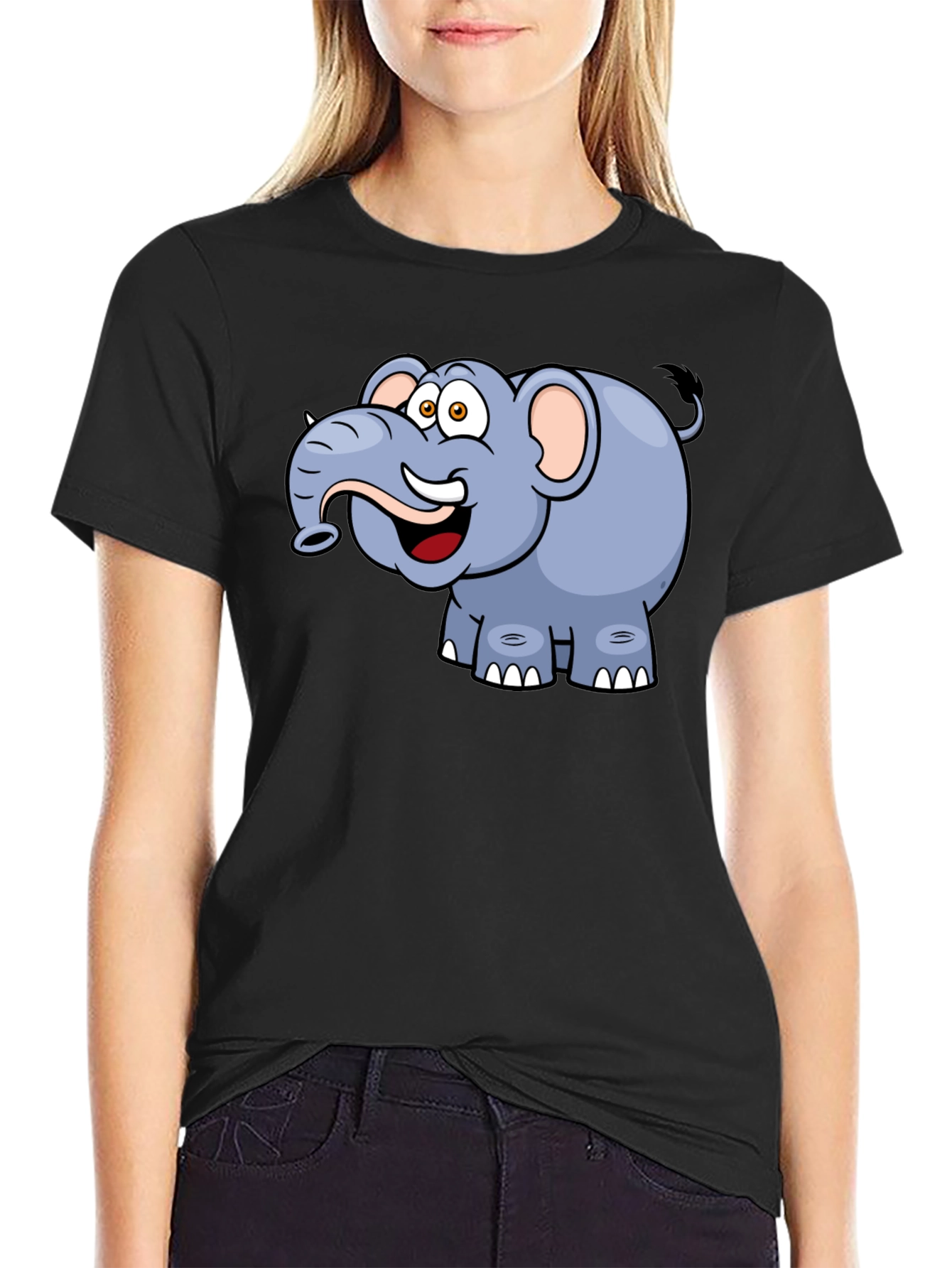 Cartoon Elephant Graphic Tee - Black Casual T-Shirt