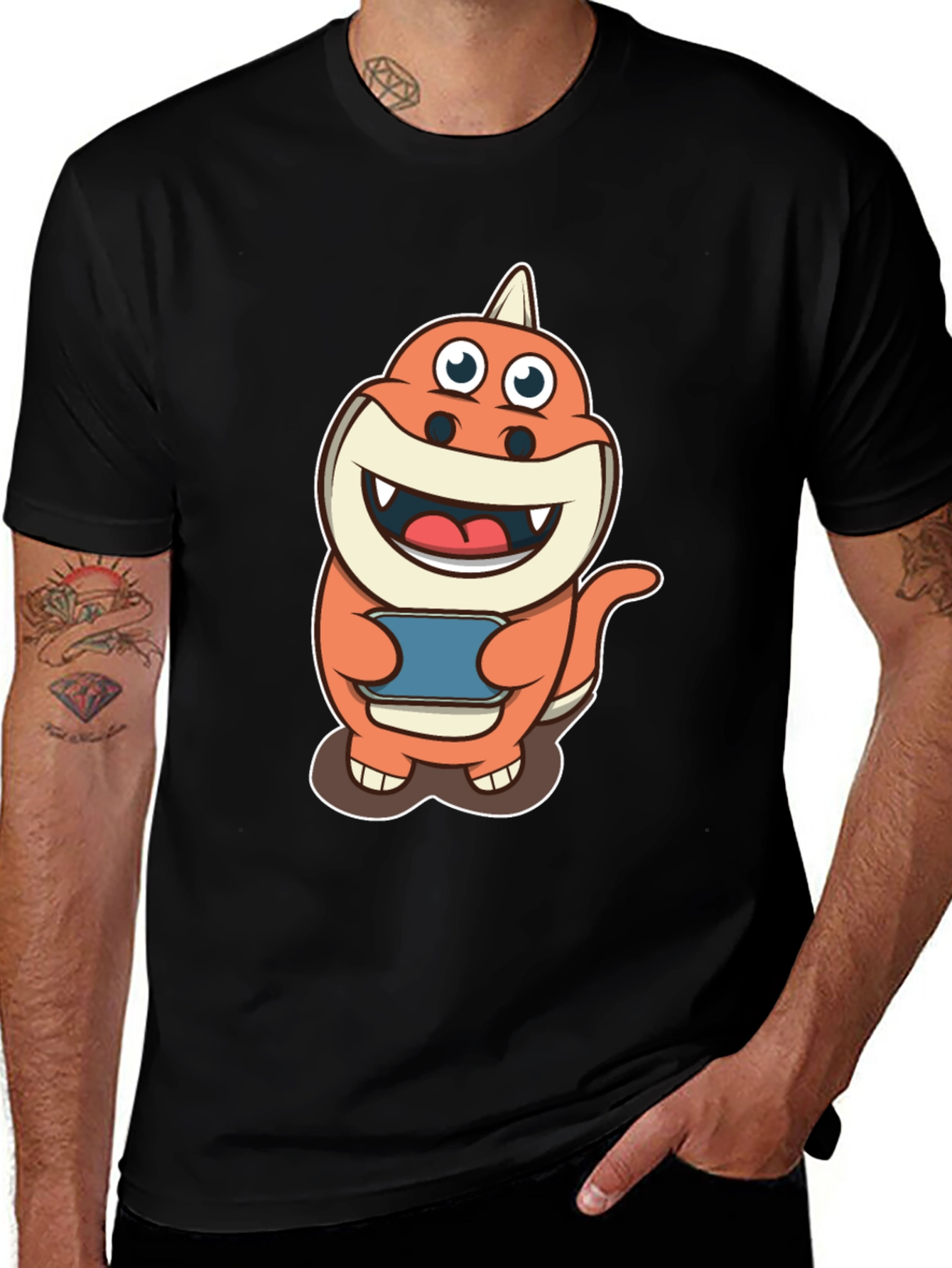 Cartoon Dino Gamer T-Shirt - Black Cotton Tee