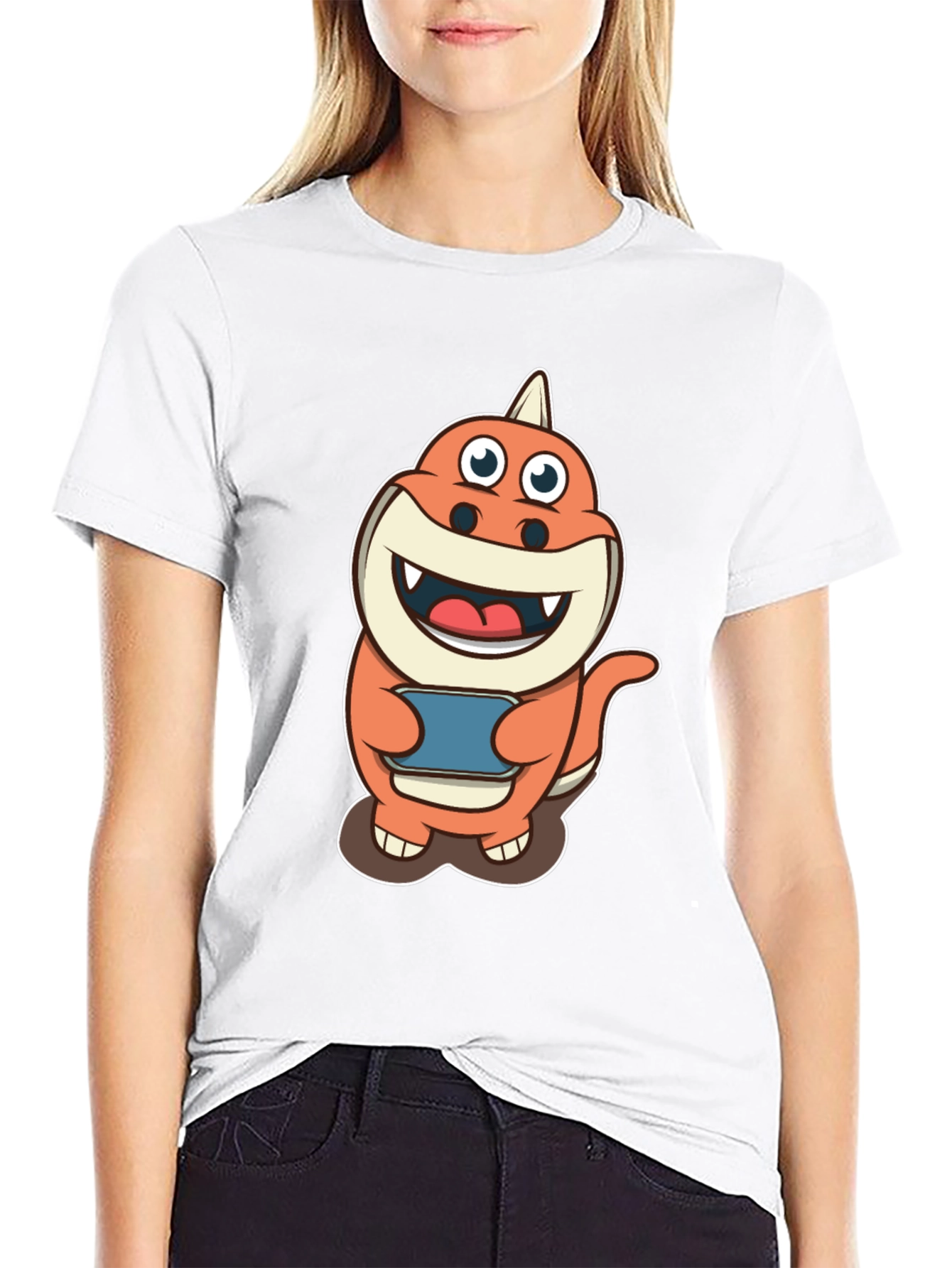 Cartoon Dino Gamer T-Shirt - Black Cotton Tee