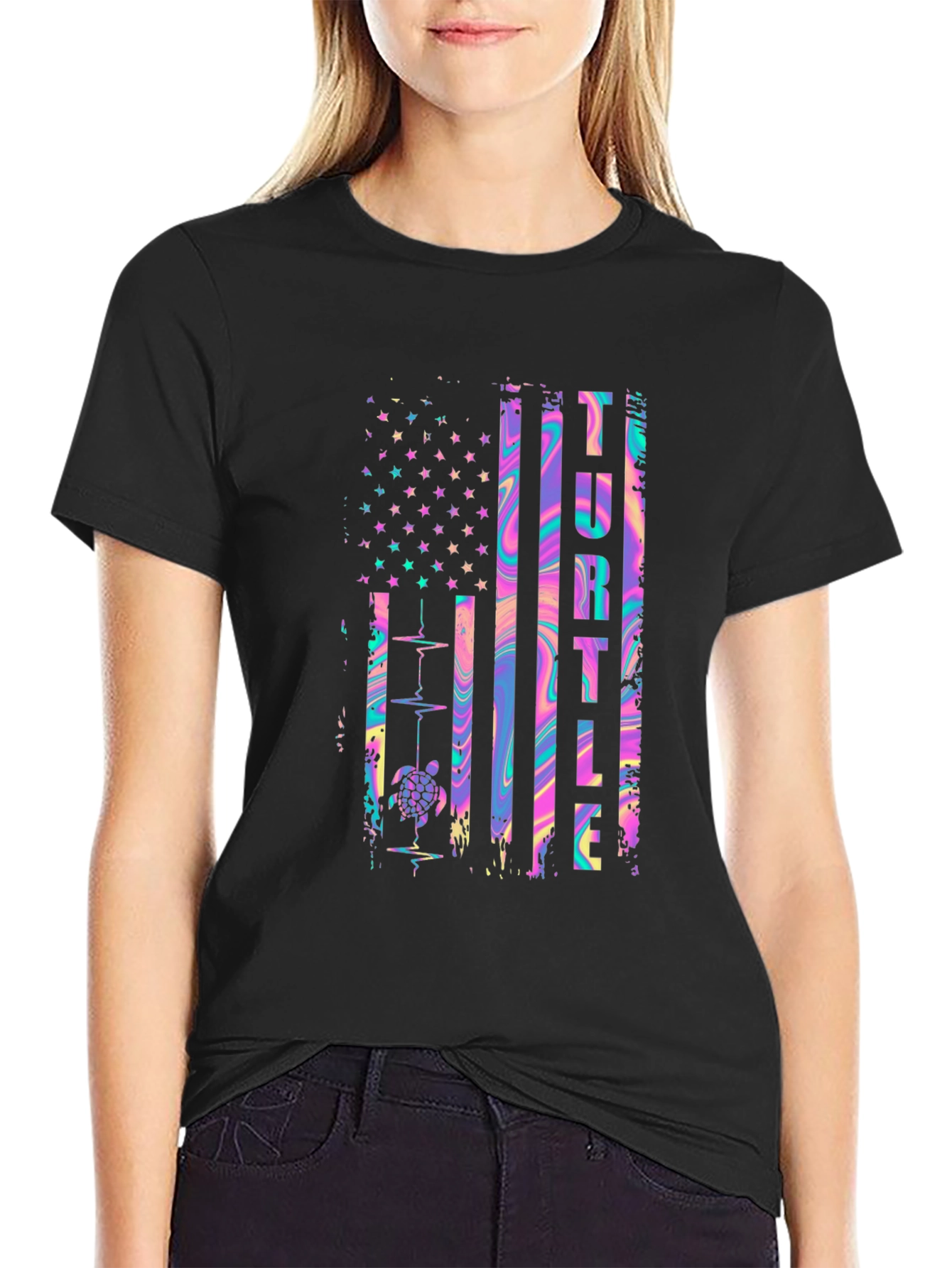 Turtle American Flag Graphic T-Shirt