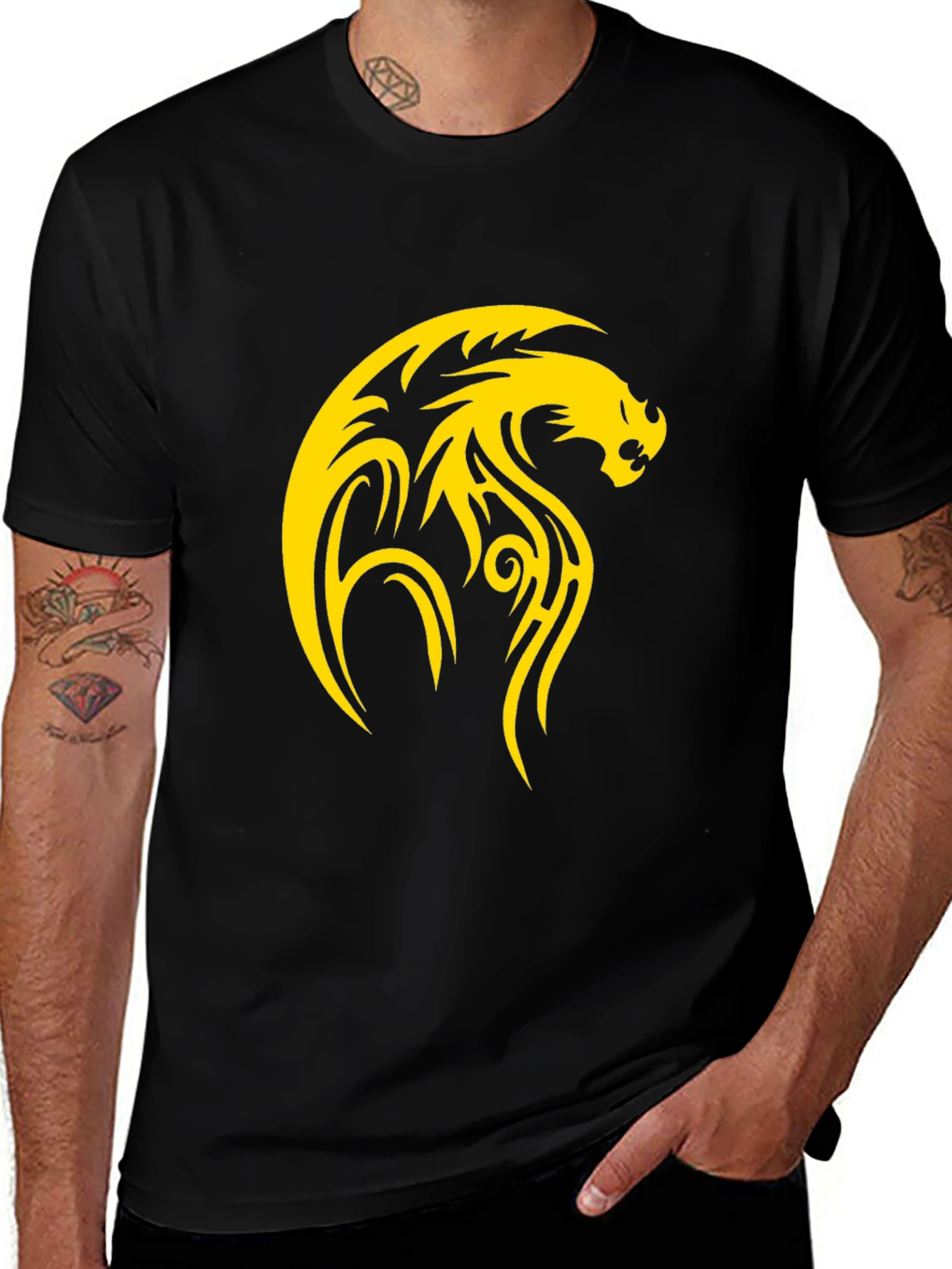 Mens Black T-Shirt with Yellow Dragon Design