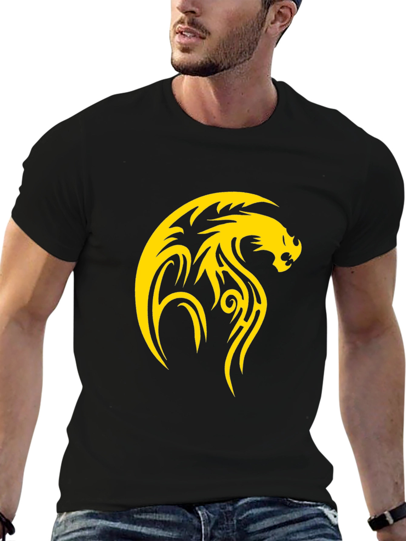 Mens Black T-Shirt with Yellow Dragon Design