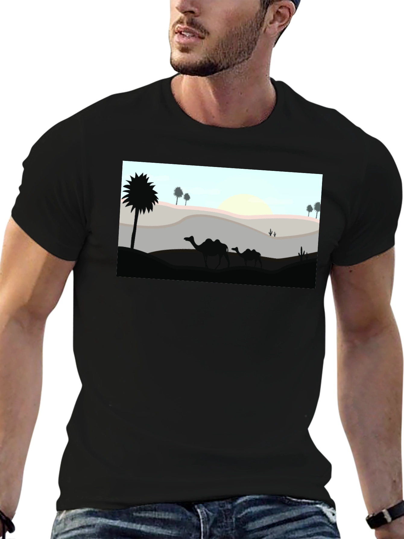 Desert Camel Silhouette Graphic Tee - Black Cotton T-Shirt