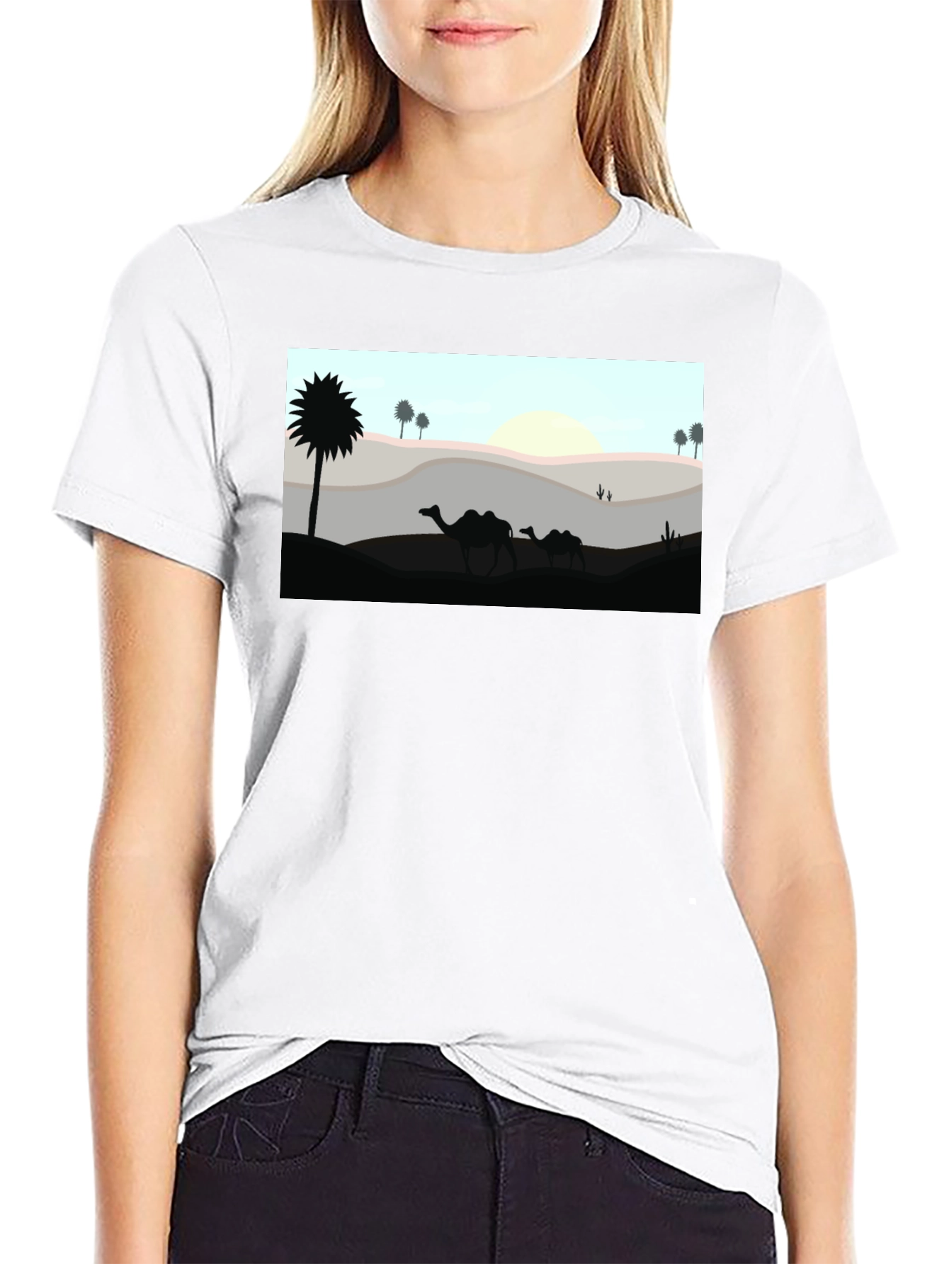 Desert Camel Silhouette Graphic Tee - Black Cotton T-Shirt