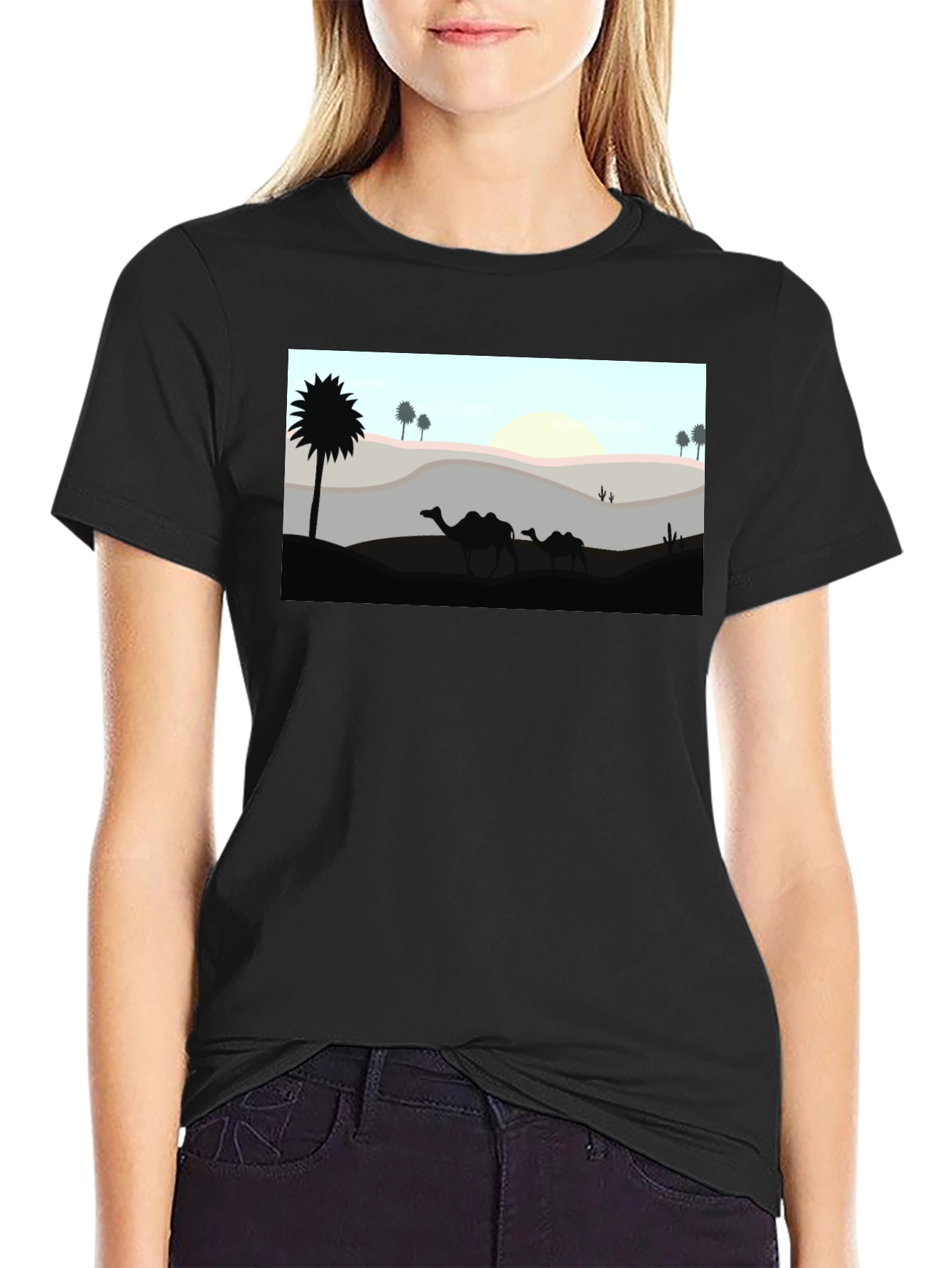 Desert Camel Silhouette Graphic Tee - Black Cotton T-Shirt