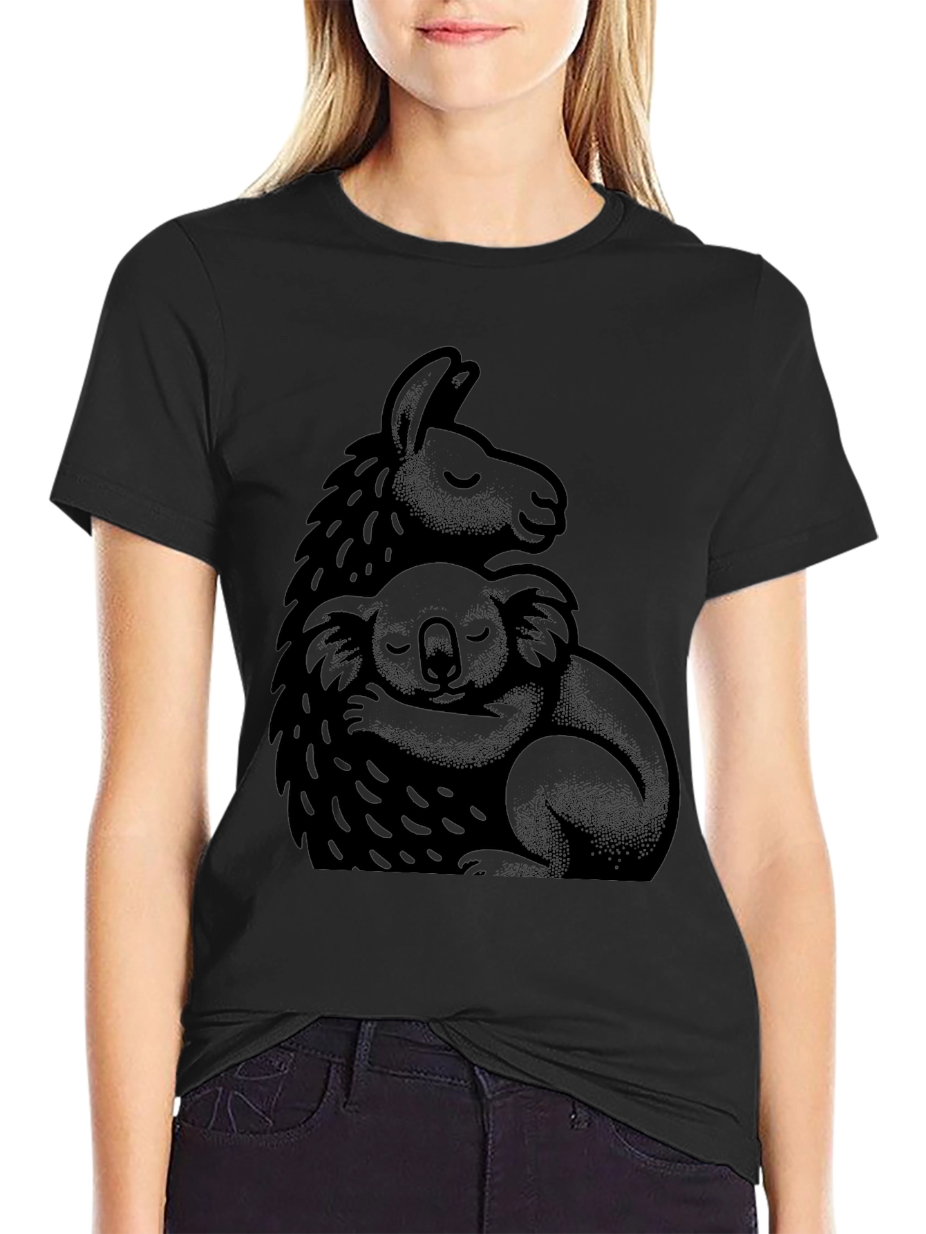 Llama and Koala Hug Black T-Shirt
