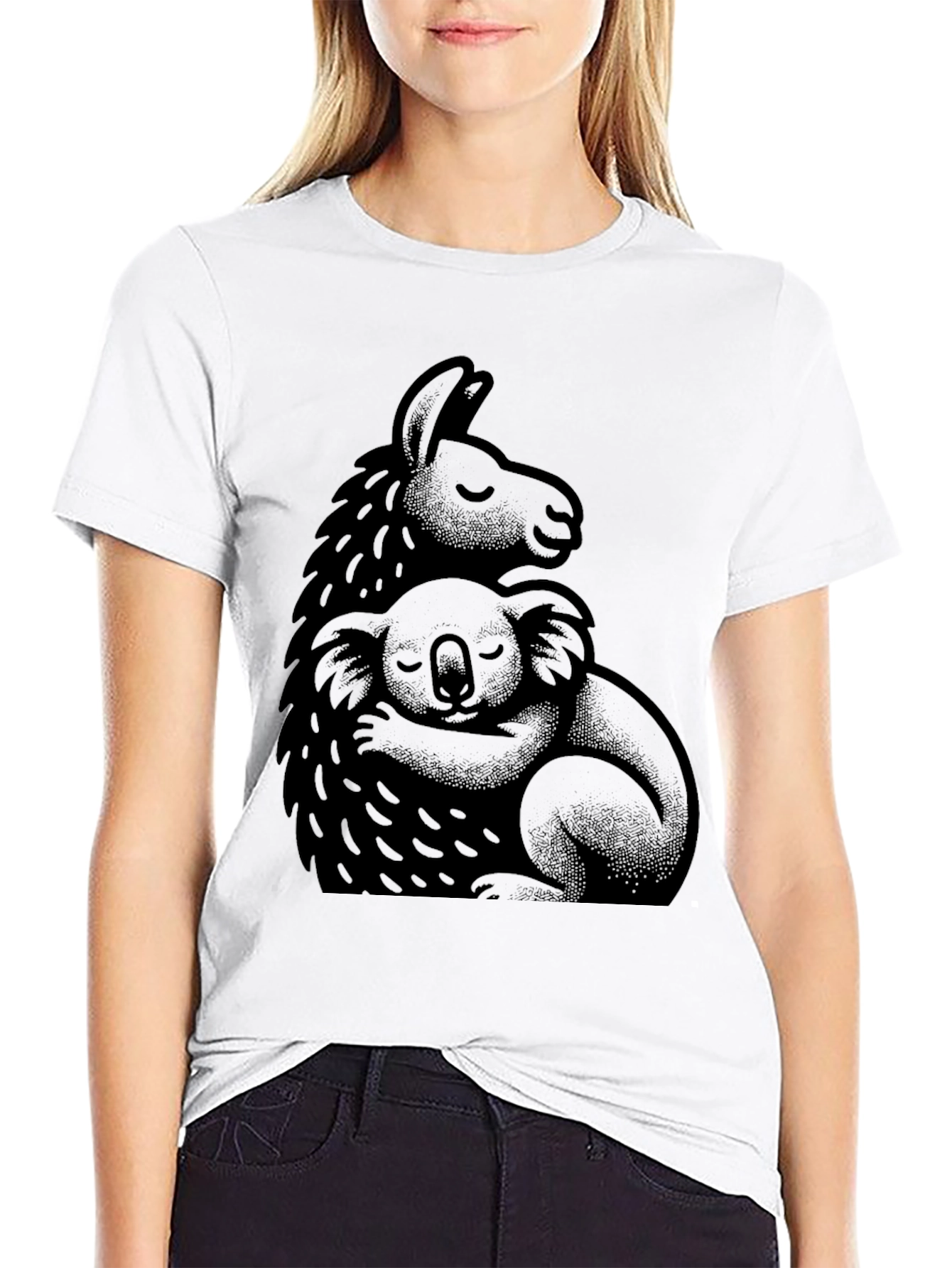 Llama and Koala Hug Black T-Shirt