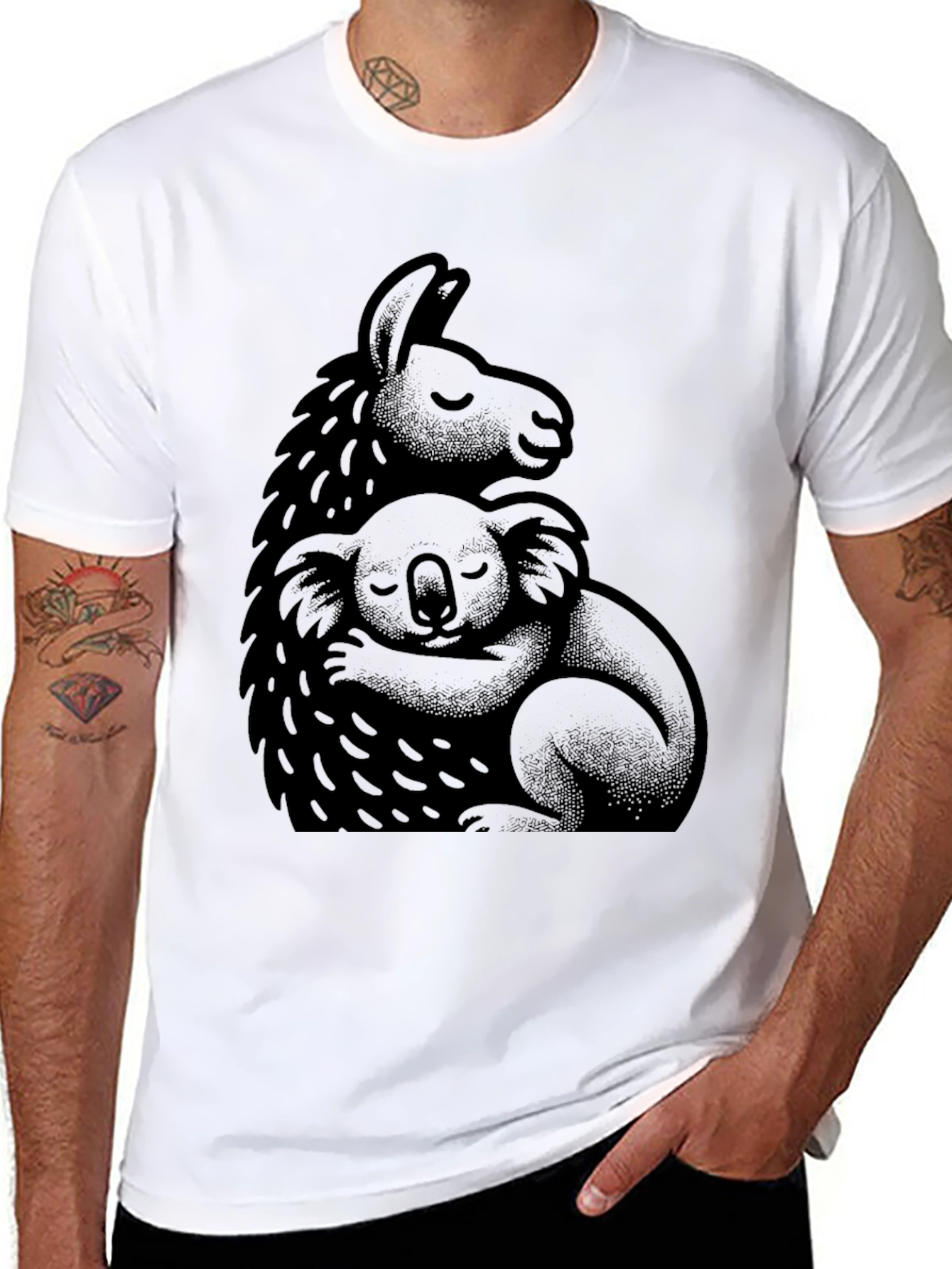 Llama and Koala Hug Black T-Shirt