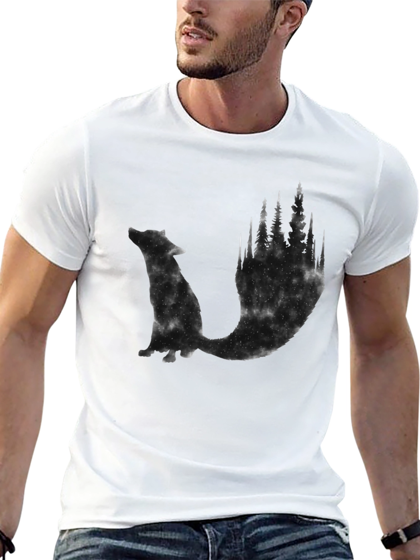 Mens Black Wolf & Forest Graphic Tee