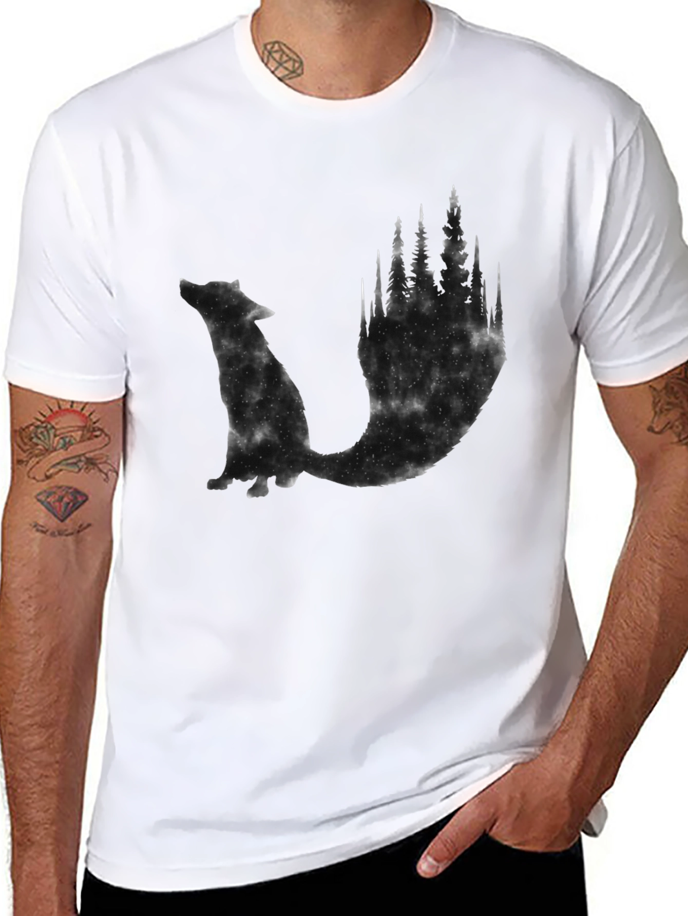 Mens Black Wolf & Forest Graphic Tee