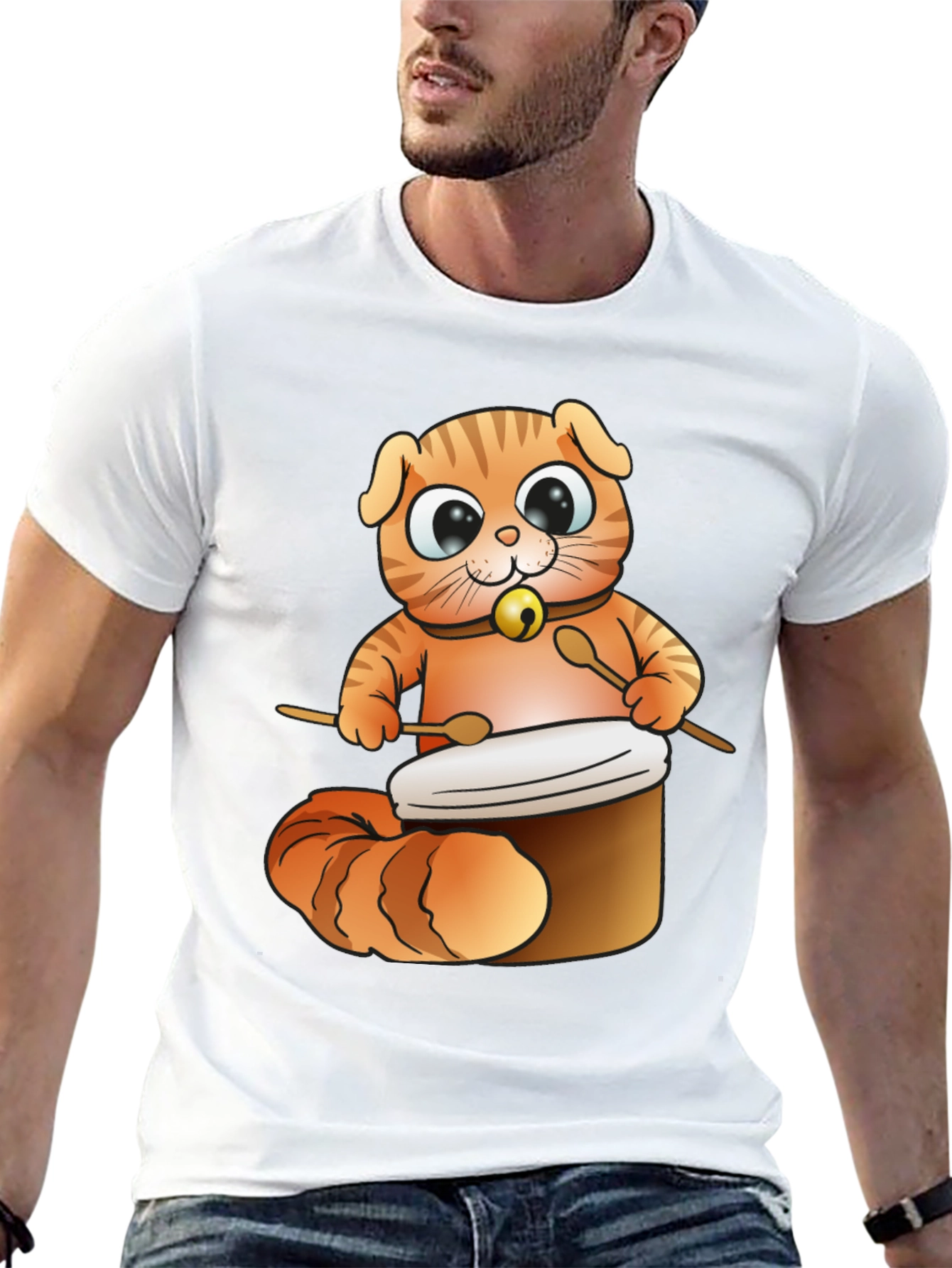 Cat Drummer T-Shirt - Cute Cartoon Animal Design