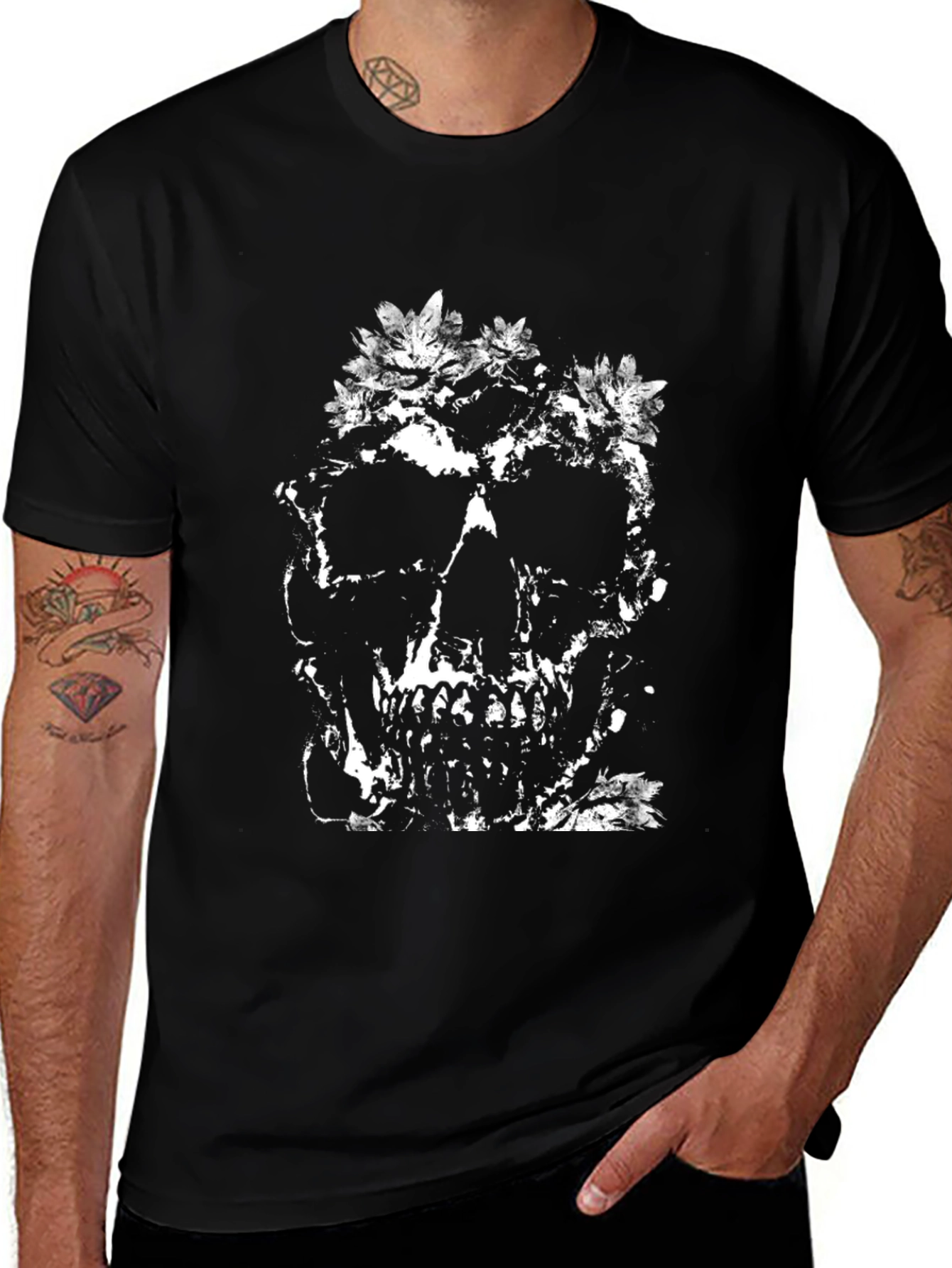 Floral Skull Graphic Tee - Black Cotton T-Shirt