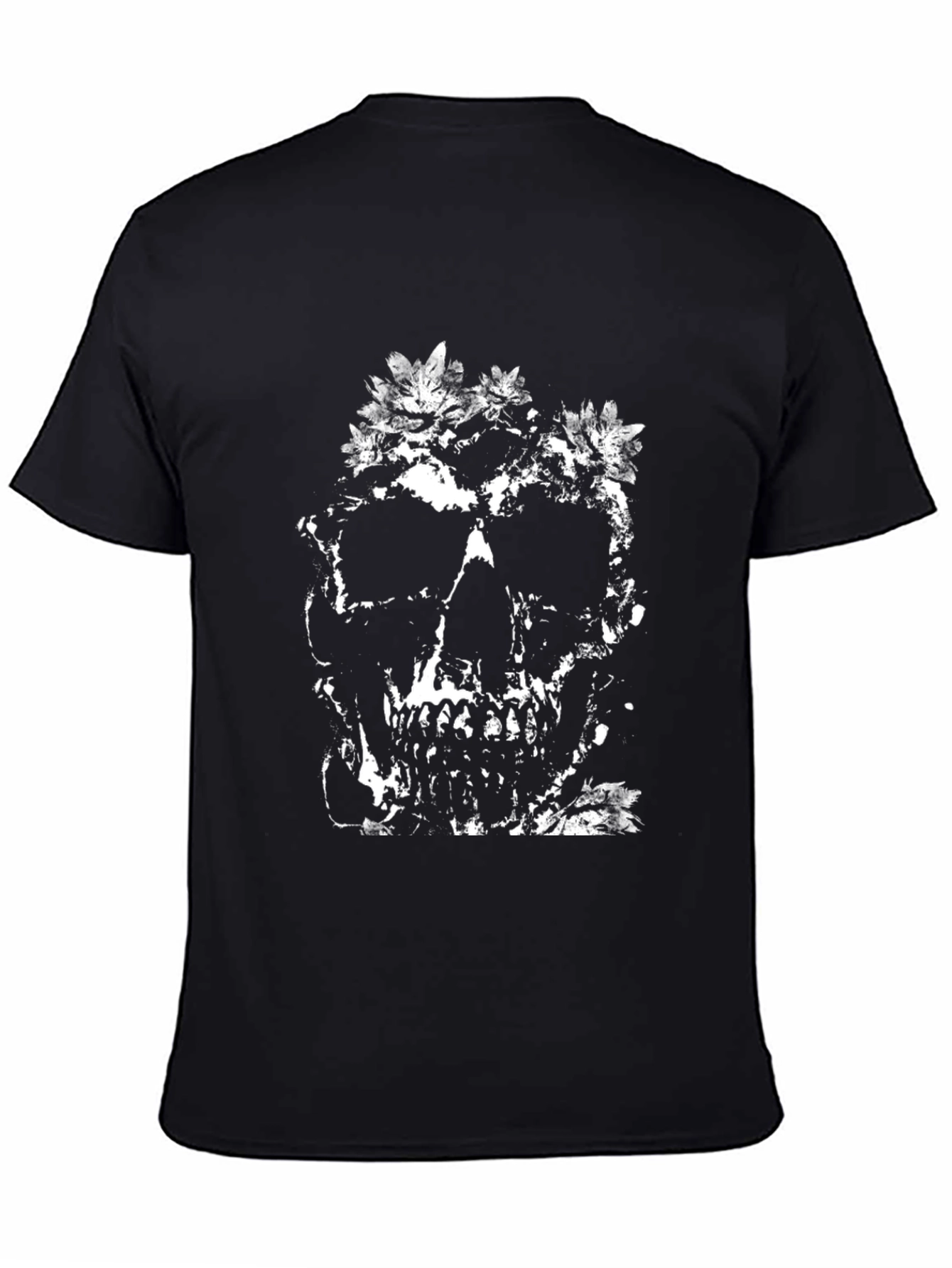 Floral Skull Graphic Tee - Black Cotton T-Shirt