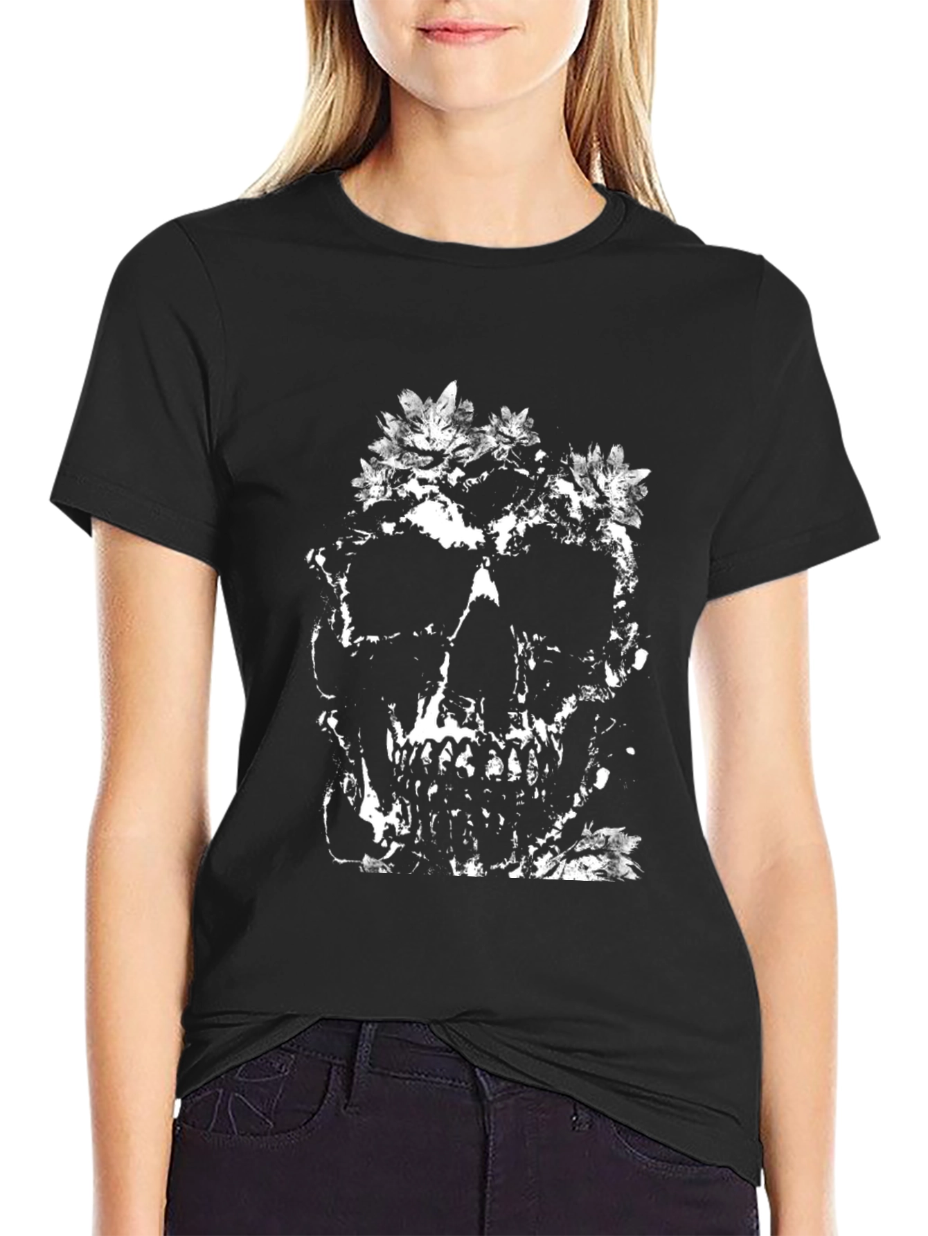 Floral Skull Graphic Tee - Black Cotton T-Shirt