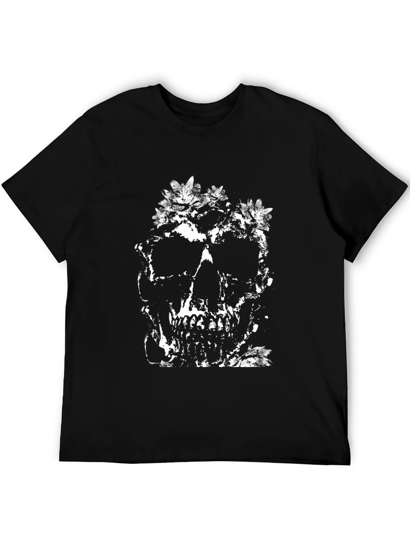 Floral Skull Graphic Tee - Black Cotton T-Shirt