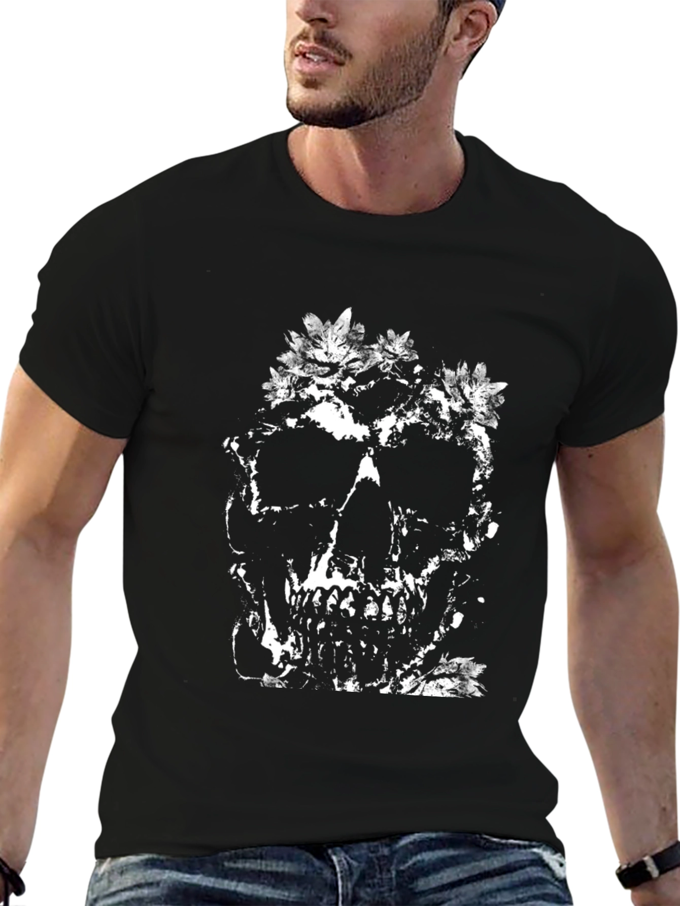 Floral Skull Graphic Tee - Black Cotton T-Shirt