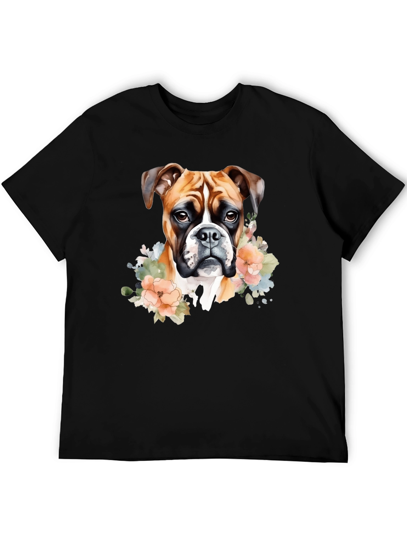 Boxer Dog Floral Graphic Black T-Shirt