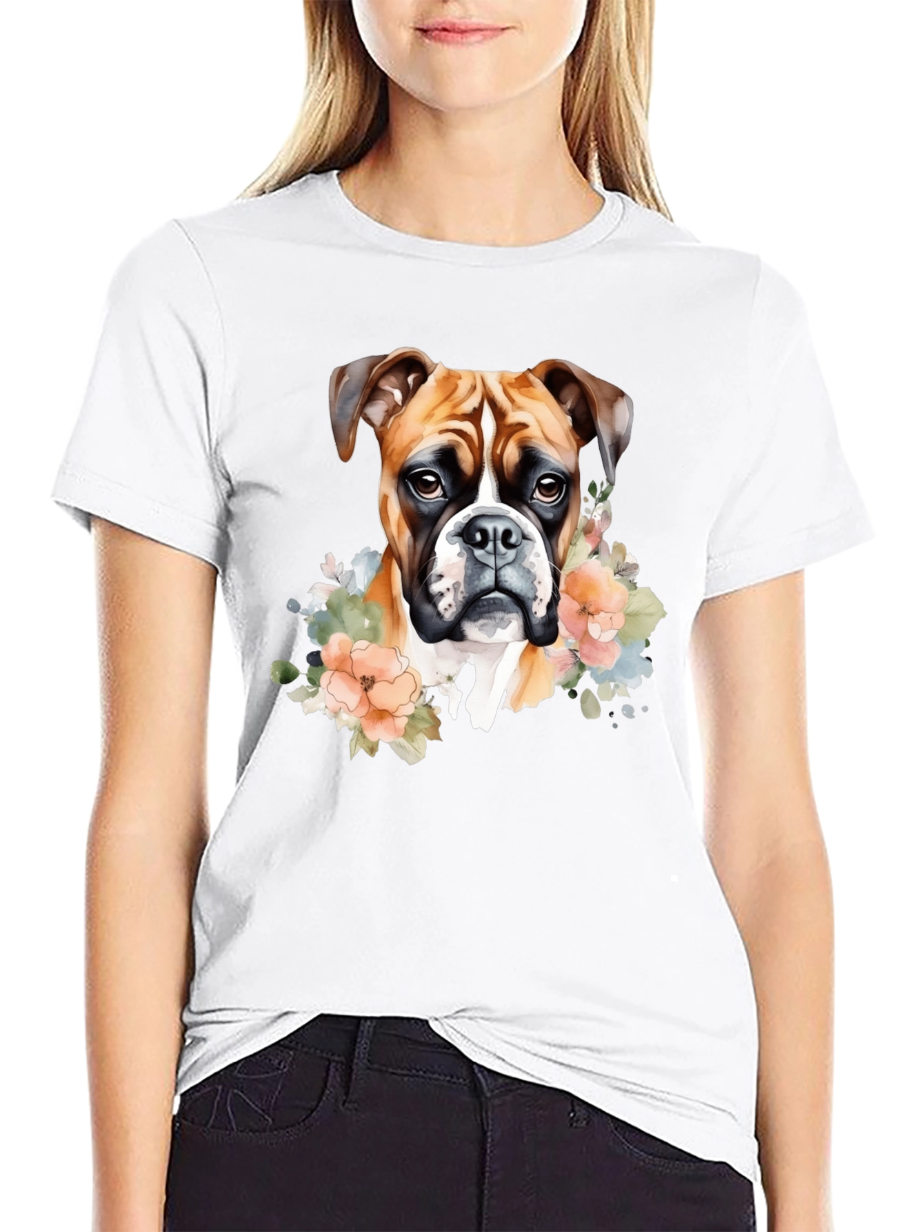 Boxer Dog Floral Graphic Black T-Shirt