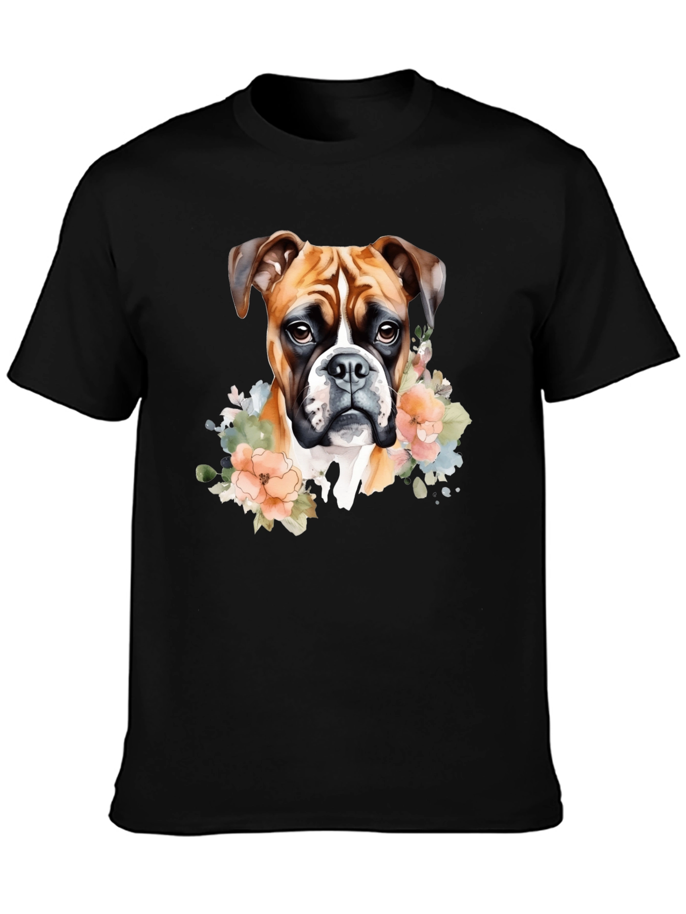 Boxer Dog Floral Graphic Black T-Shirt