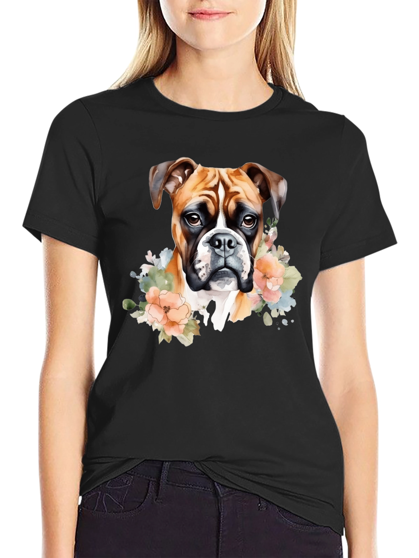 Boxer Dog Floral Graphic Black T-Shirt