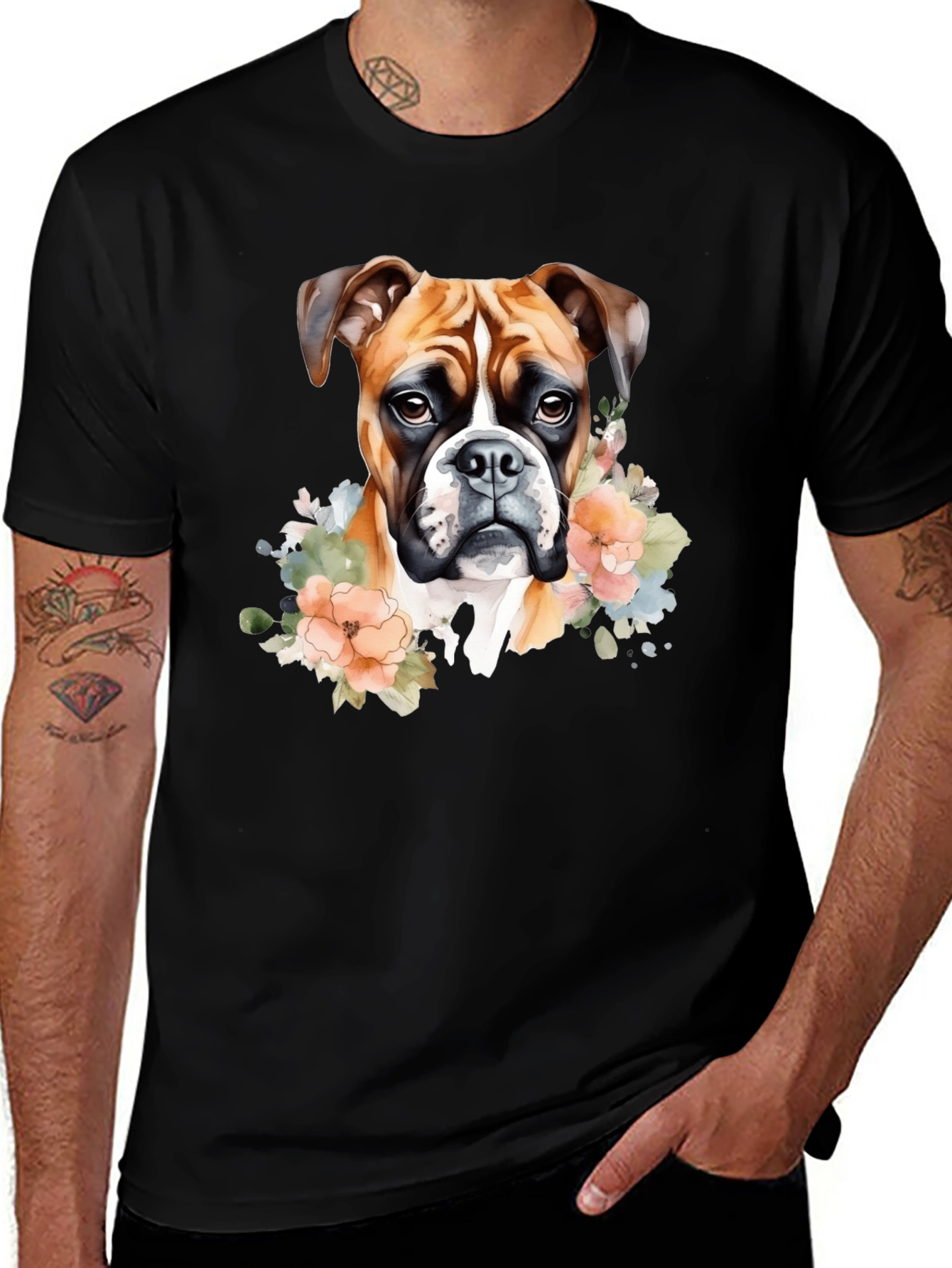 Boxer Dog Floral Graphic Black T-Shirt