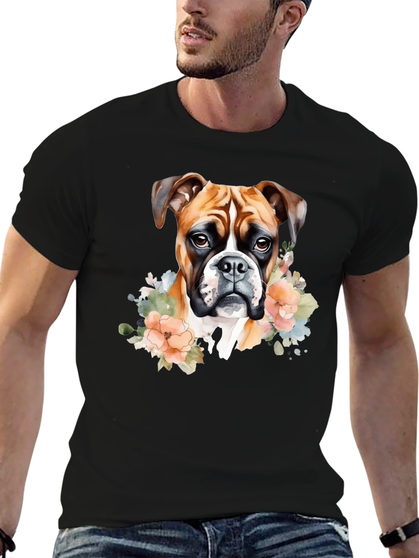 Boxer Dog Floral Graphic Black T-Shirt