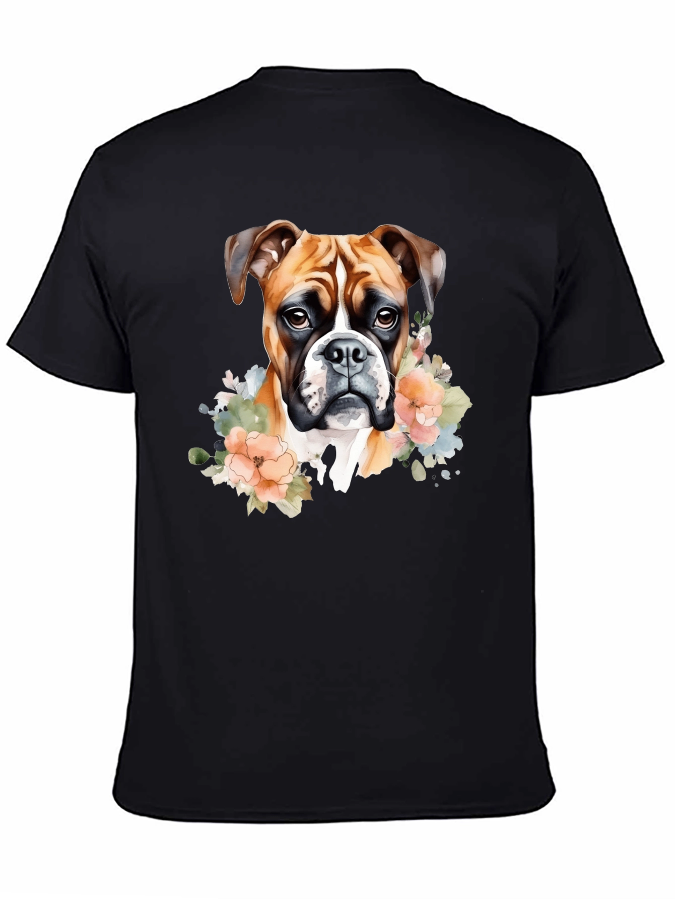Boxer Dog Floral Graphic Black T-Shirt